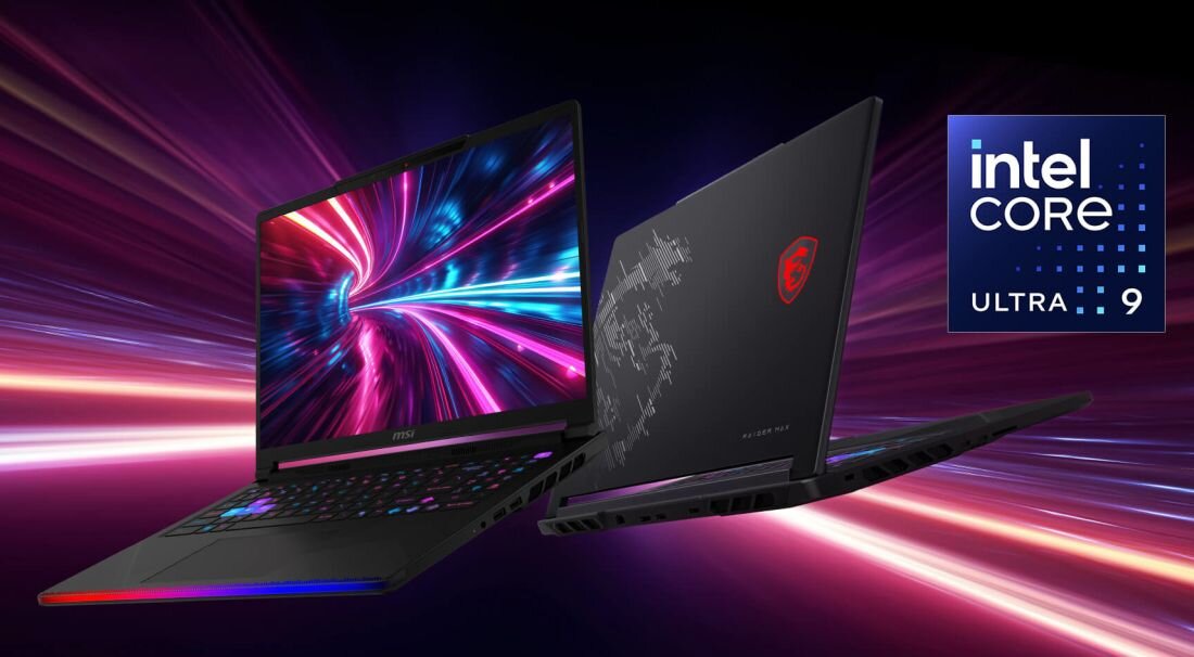 Obraz przedstawia dwa laptopy z kolorowym podświetleniem klawiatury i dynamiczną grafiką na ekranie. Obok znajduje się logo \'intel core ULTRA 9\'.