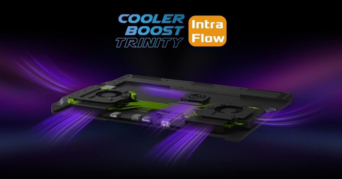 Obraz przedstawia system chłodzenia z dwoma wentylatorami i kolorowymi strumieniami powietrza. Widoczny jest tekst: \'COOLER BOOST TRINITY Intra Flow\'.