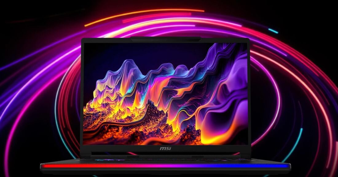 Laptop z logo MSI na obudowie, wyświetlający kolorową grafikę z falistymi wzorami. W tle widoczne są świetliste, kolorowe linie na czarnym tle.