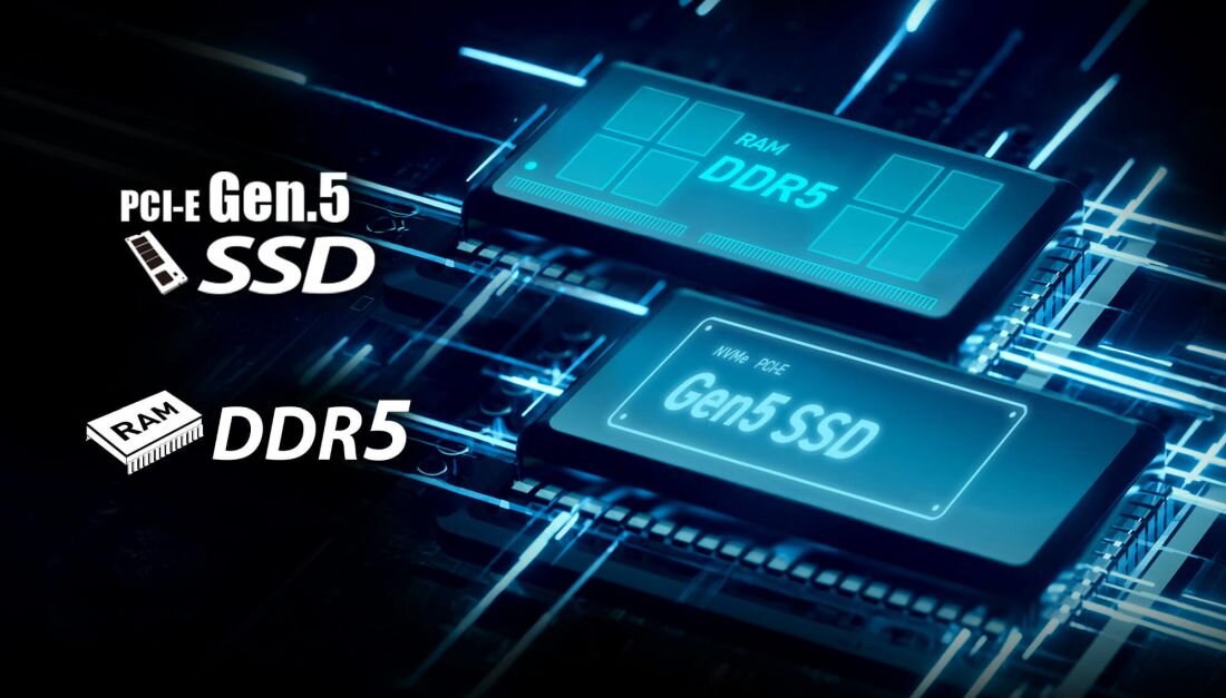 Obraz przedstawia dwa układy scalone z napisami \'RAM DDR5\' i \'NVMe PCIe Gen5 SSD\'. W tle widoczne są niebieskie linie przypominające ścieżki obwodów elektronicznych.