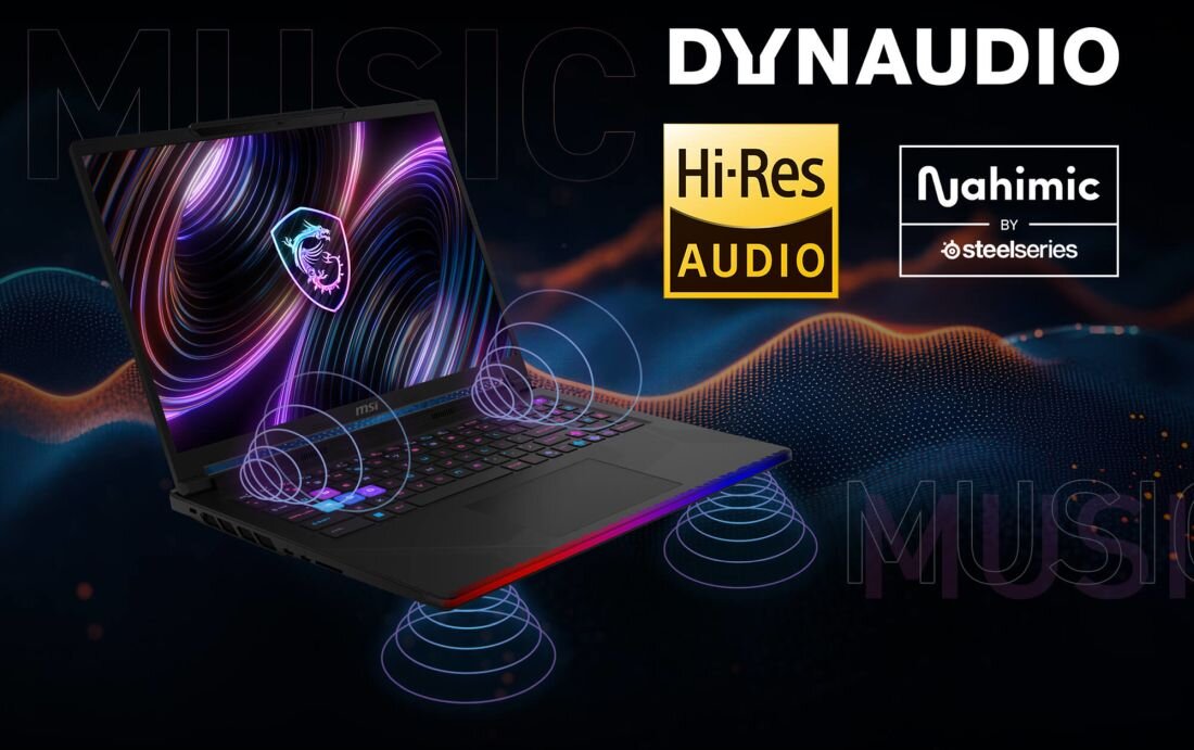 Na obrazie widoczny jest laptop z kolorowym podświetleniem klawiatury i dynamiczną grafiką na ekranie. Obok znajdują się logotypy: Dynaudio, Hi-Res Audio, Nahimic by Steelseries.
