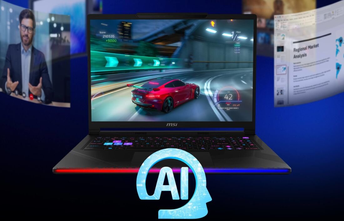 Na obrazie widoczny jest laptop z logo MSI, na ekranie którego wyświetlana jest gra wyścigowa z czerwonym samochodem. Przed laptopem znajduje się symbol AI w kształcie głowy, a w tle widać rozmyte obrazy przedstawiające osobę w garniturze oraz analizę rynku.