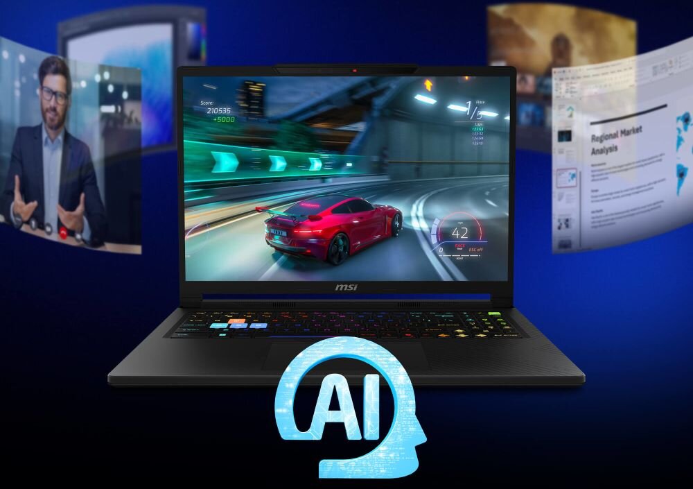 Laptop z logo MSI wyświetla grę wyścigową na ekranie. Na pierwszym planie widoczna jest ikona z napisem \'AI\'.