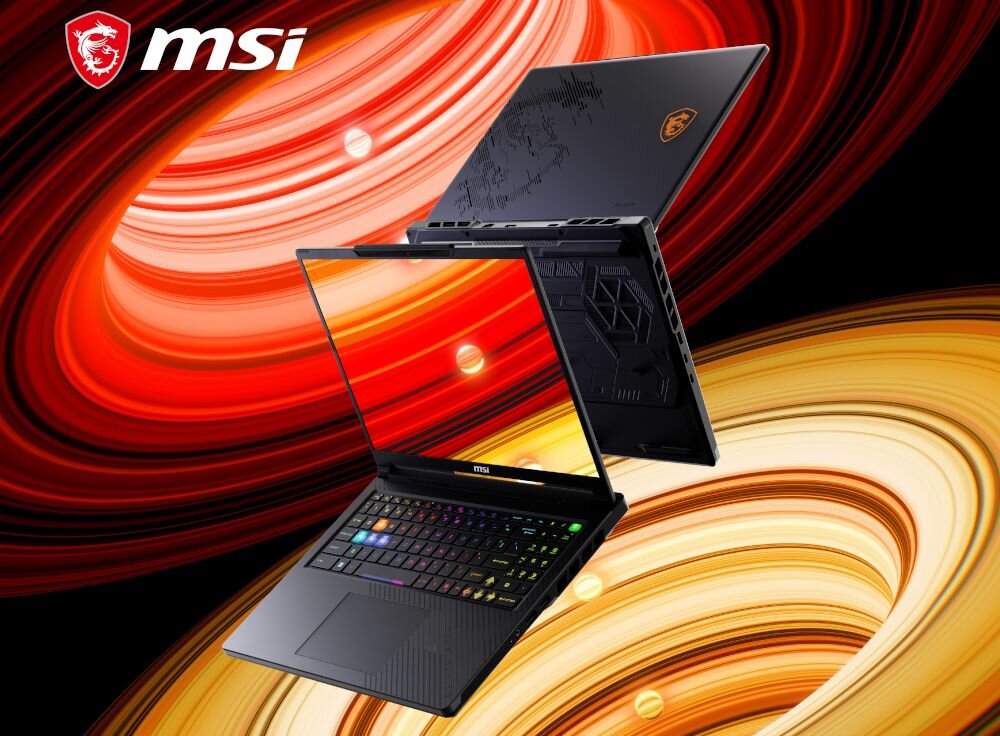 Na obrazie widoczne są dwa laptopy marki MSI z podświetlaną klawiaturą, umieszczone na tle kolorowych, wirujących wzorów. Logo MSI znajduje się w lewym górnym rogu obrazu.