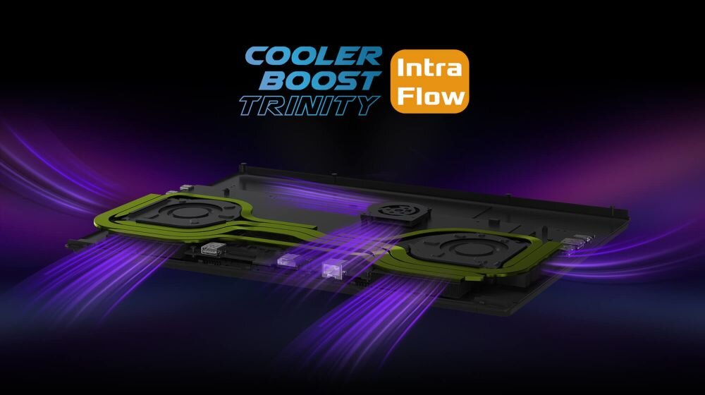 Obraz przedstawia system chłodzenia laptopa z dwoma wentylatorami i fioletowymi strumieniami powietrza. Widoczny jest tekst: \'COOLER BOOST TRINITY Intra Flow\'.