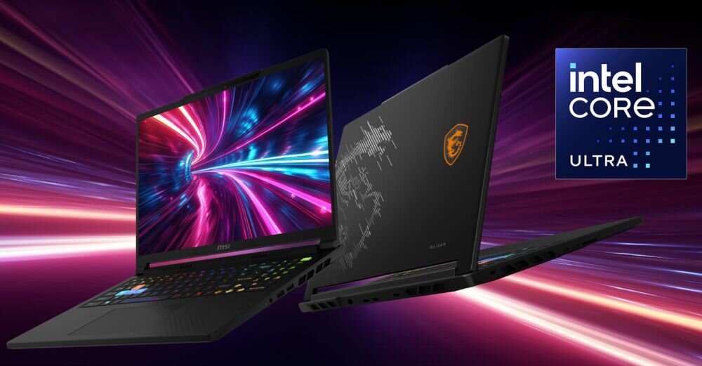 Zbliżenie na procesor Intel Core Ultra na płycie głównej z zielonymi obwodami cyfrowymi, abstrakcyjne linie technologiczne turkusowe fioletowe białe w tle, wizualizacja mocy obliczeniowej – laptop MSI Raider 18 HX AI 16IAX10 dysk SSD NVMe pamięć DDR5-5600 32 GB