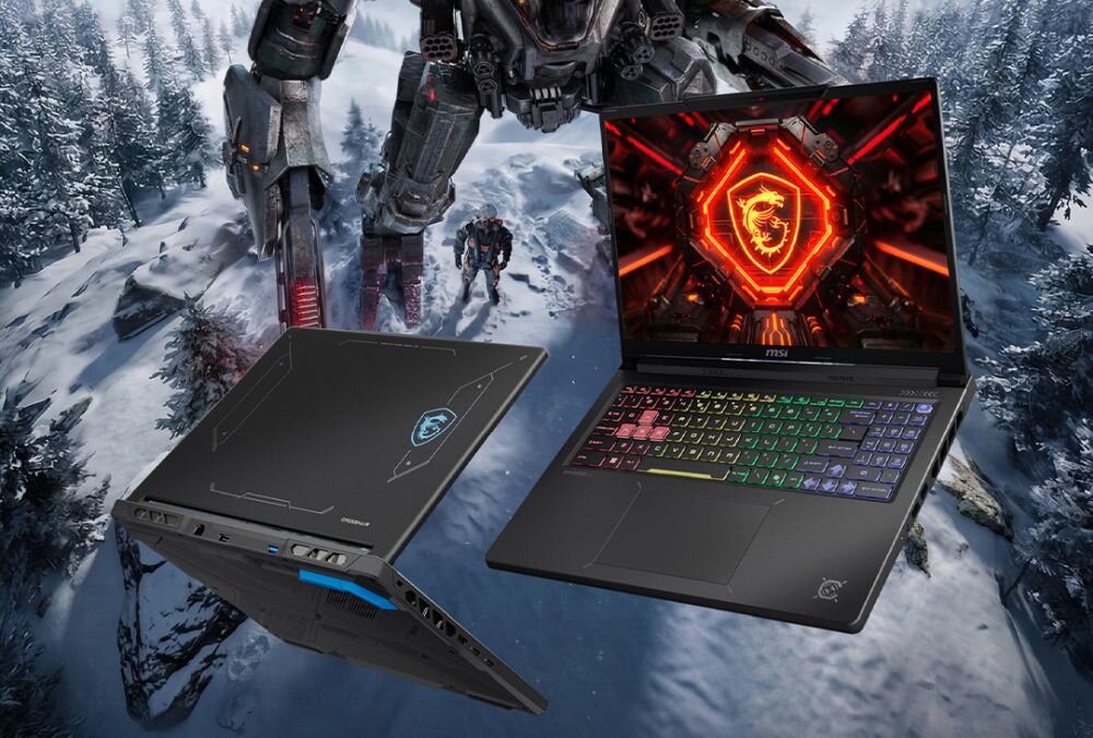 Na obrazie widoczne są dwa laptopy z logo MSI, jeden otwarty z podświetlaną klawiaturą, drugi zamknięty. W tle znajduje się duży robot na zaśnieżonym terenie.