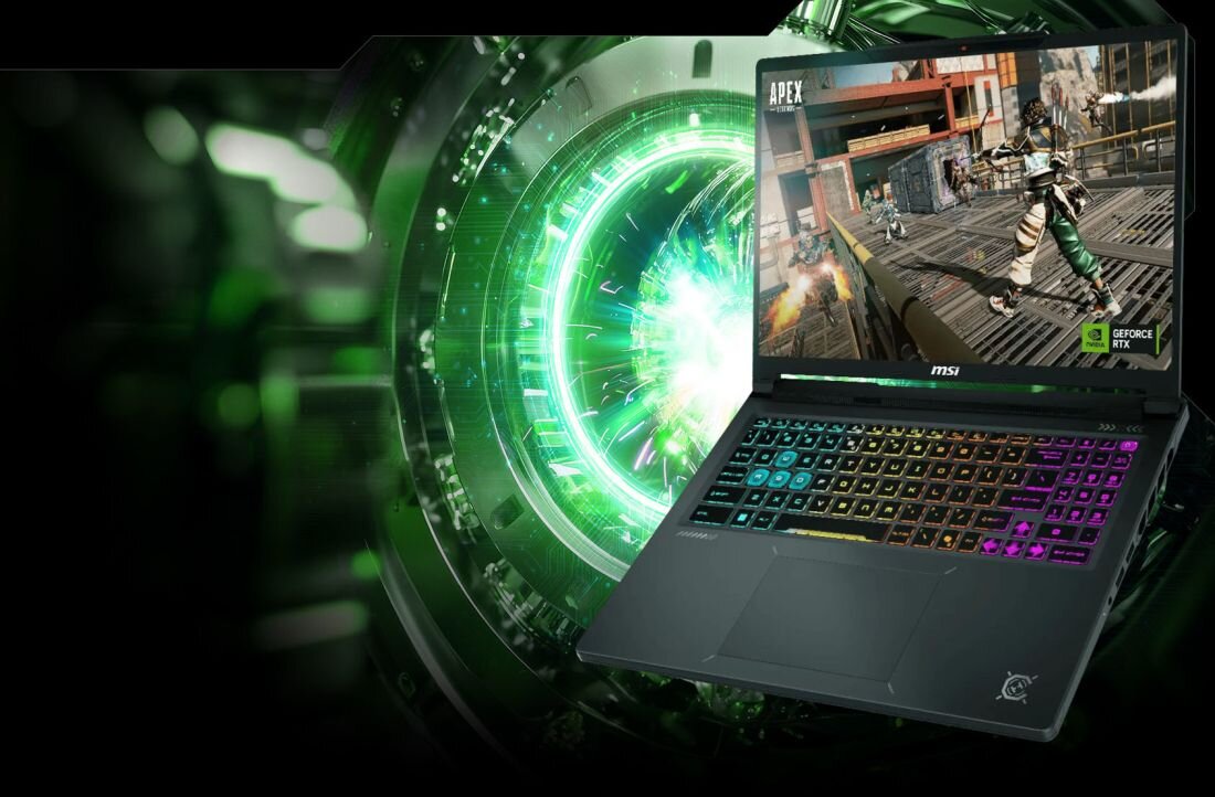 Laptop z kolorową klawiaturą i ekranem wyświetlającym grę, na którym widoczne jest logo GeForce RTX. W tle znajduje się zielony, futurystyczny motyw graficzny.