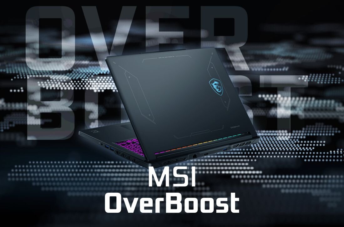 Na obrazie widoczny jest laptop z logo MSI, z podświetlaną klawiaturą. W tle znajduje się napis \'OVERBOOST\', a na dole tekst \'MSI OverBoost\'.