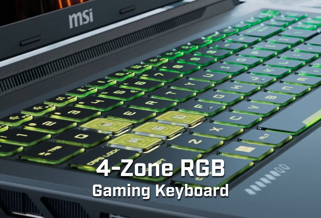 Na obrazie widoczna jest klawiatura laptopa z podświetleniem RGB, z napisem \'4-Zone RGB Gaming Keyboard\'. W tle znajduje się logo \'msi\'.