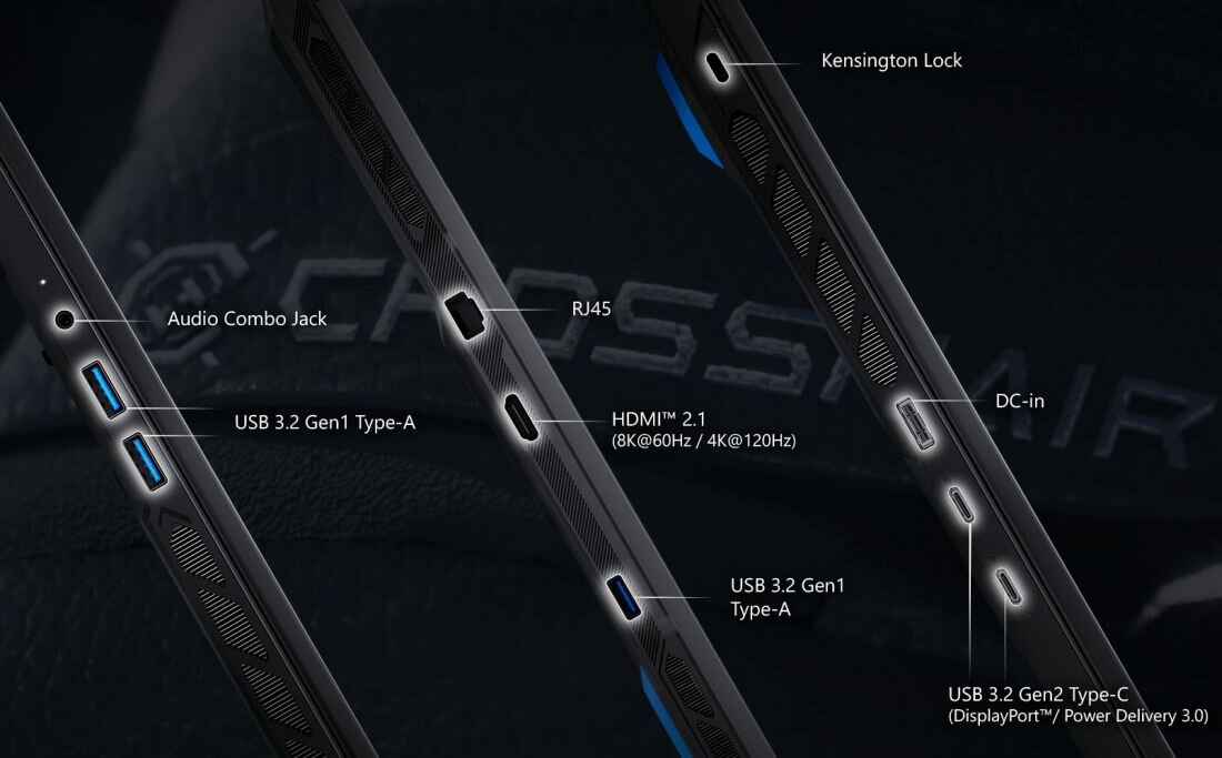 Obraz przedstawia zbliżenie na porty laptopa z oznaczeniami: Audio Combo Jack, USB 3.2 Gen1 Type-A, RJ45, HDMI 2.1, Kensington Lock, DC-in, USB 3.2 Gen2 Type-C. W tle widoczne jest logo \'Crosshair\'.