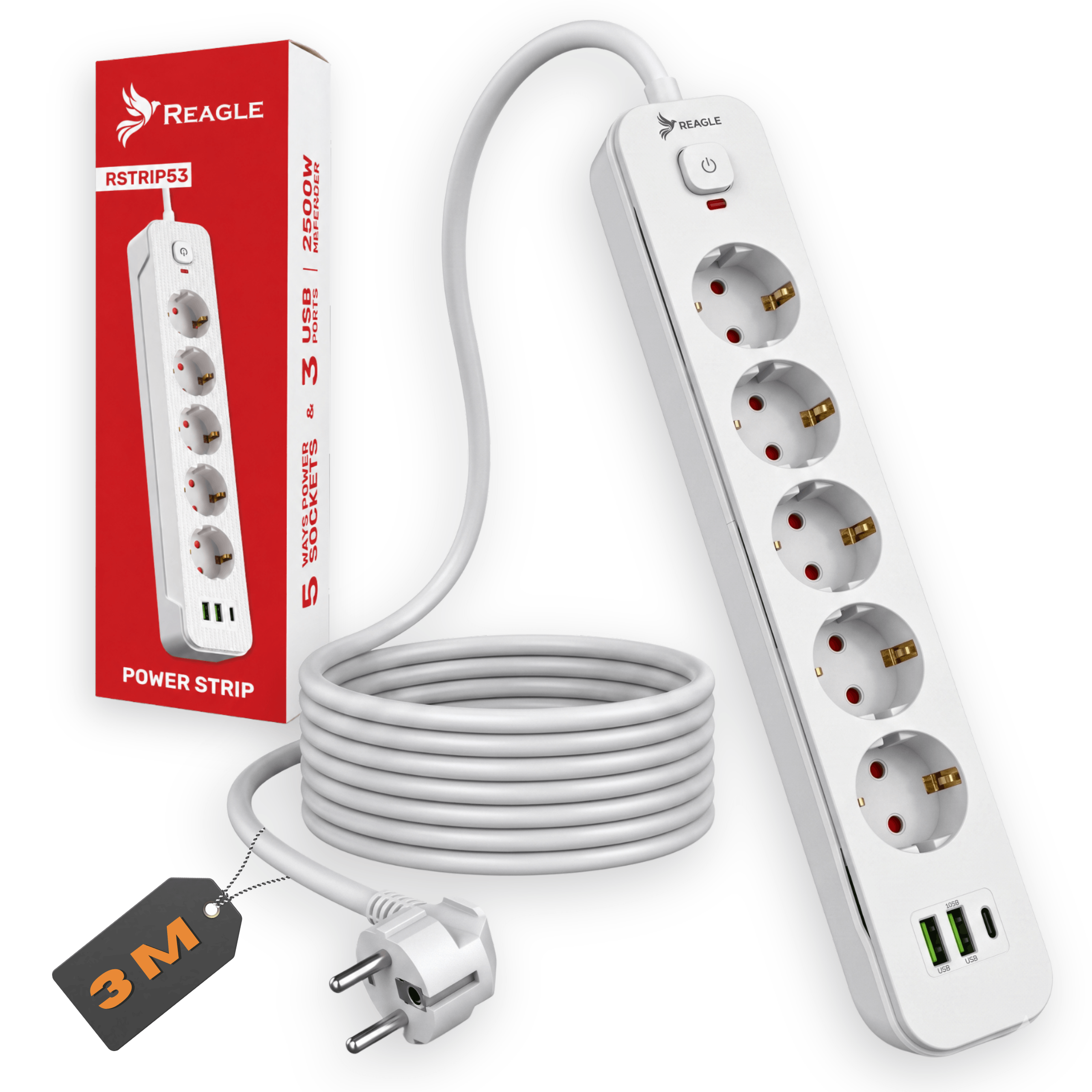 Biała listwa zasilająca z pięcioma gniazdami, dwoma portami USB-A i jednym USB-C, obok opakowania z logo Reagle. Na opakowaniu widnieje napis: \'RSTRIP53\', \'2500W\', \'3 USB\', \'5 way power sockets\', \'POWER STRIP\'.