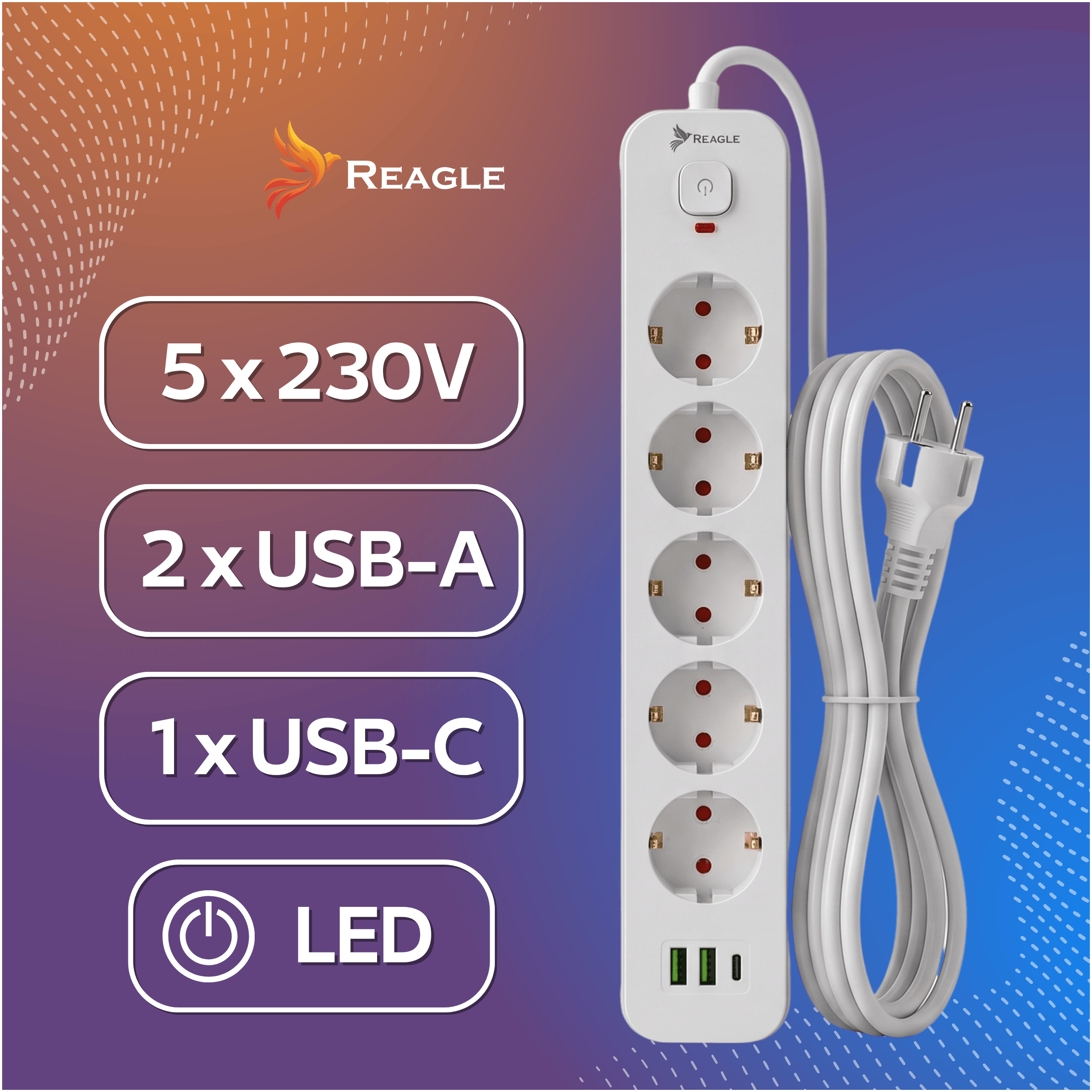 Obraz przedstawia białą listwę zasilającą z pięcioma gniazdami, dwoma portami USB-A i jednym USB-C. Obok listwy widnieje tekst: \'5 x 230V\', \'2 x USB-A\', \'1 x USB-C\', \'LED\' oraz logo Reagle.