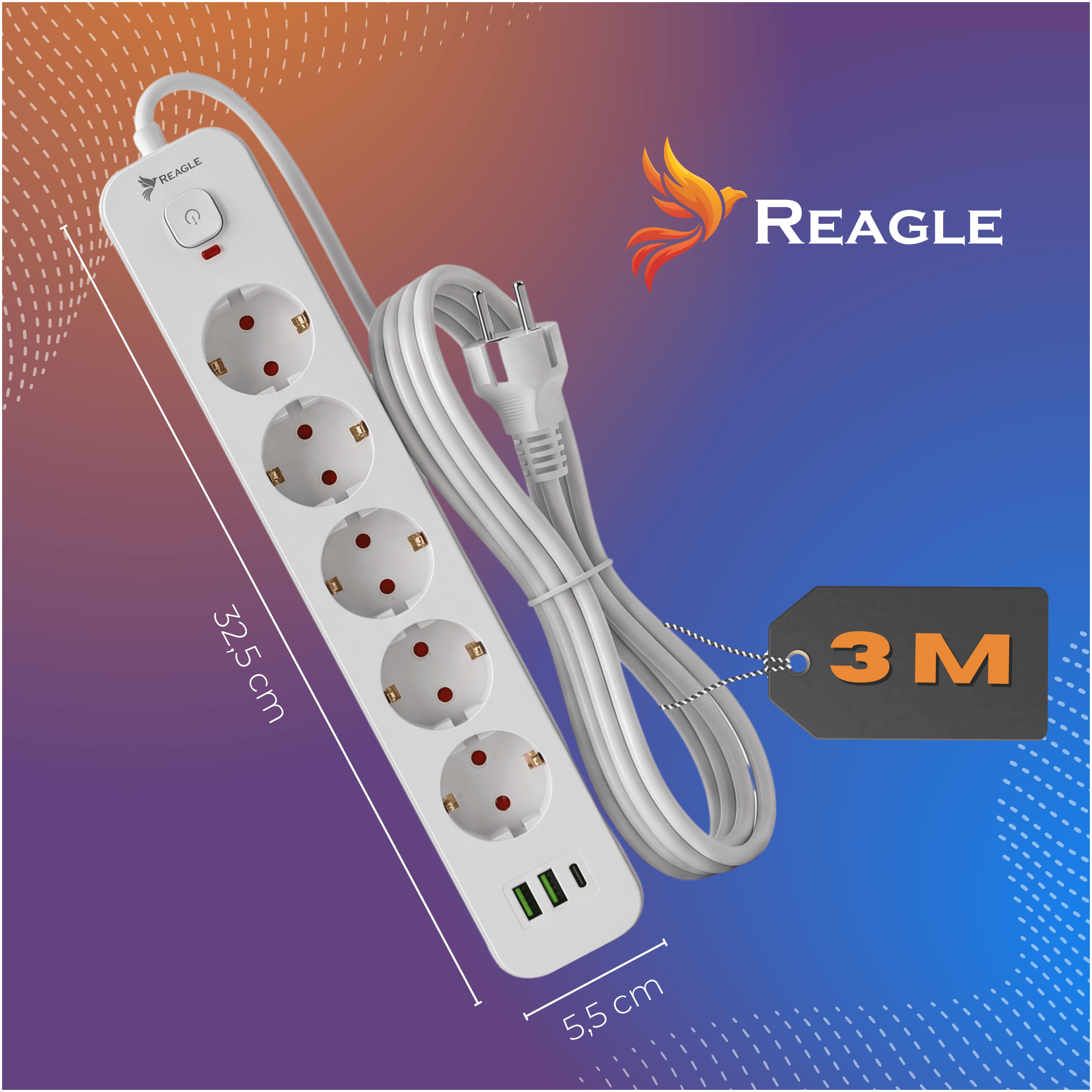 Biała listwa zasilająca z pięcioma gniazdami, dwoma portami USB-A i jednym USB-C, o długości 32,5 cm i szerokości 5,5 cm. Obok znajduje się zwinięty kabel z wtyczką oraz etykieta z napisem \'3 M\'.