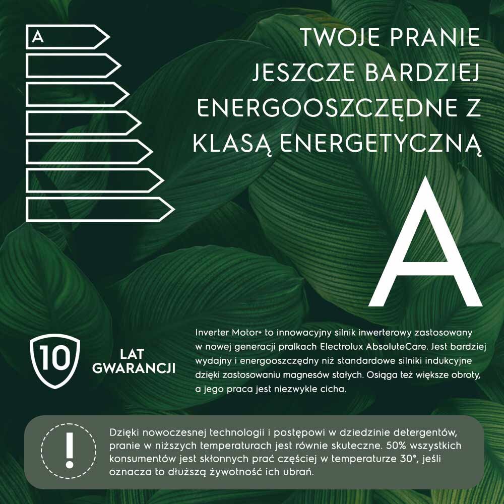 Na tle zielonych liści widoczny jest tekst: \'TWOJE PRANIE JESZCZE BARDZIEJ ENERGOOSZCZĘDNE Z KLASĄ ENERGETYCZNĄ A\'. Obok znajduje się symbol klasy energetycznej oraz informacja o 10-letniej gwarancji i zaletach technologii Inverter Motor+.