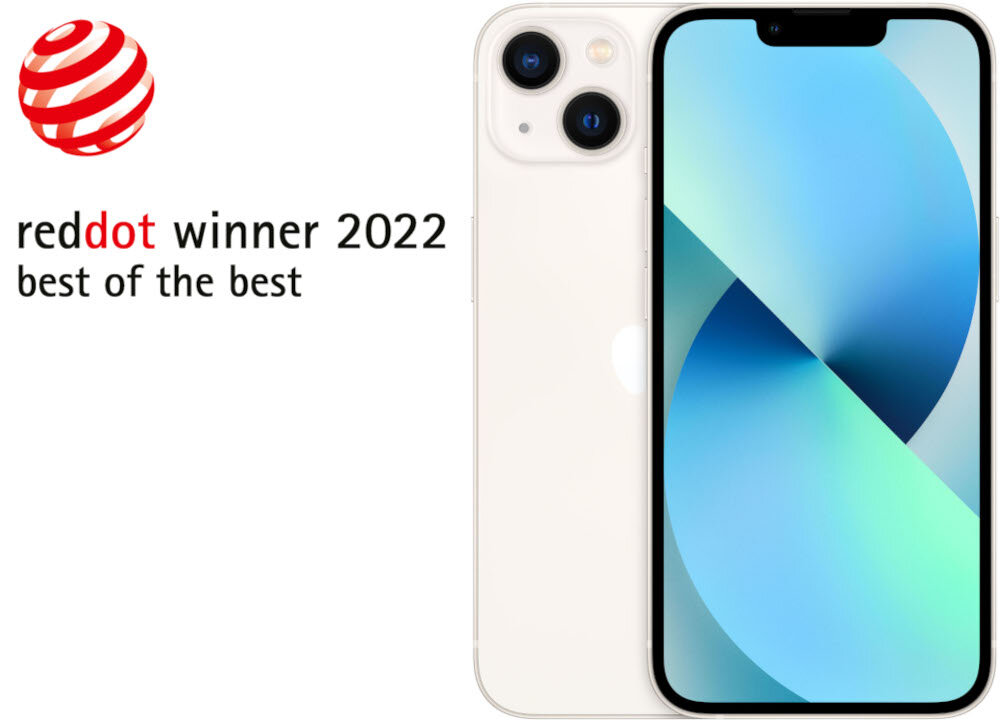 Na obrazie widoczny jest smartfon z dwoma aparatami z tyłu i ekranem wyświetlającym abstrakcyjny wzór. Obok znajduje się logo z tekstem: \'reddot winner 2022 best of the best\'.