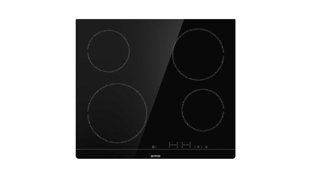 Czarna płyta ceramiczna z czterema okrągłymi polami grzewczymi i panelem dotykowym. Na dole widoczne jest logo \'gorenje\'.