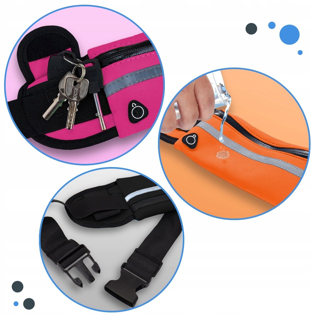 Trzy okrągłe zdjęcia przedstawiają różne aspekty sportowego etui na pas. Widać różowe etui z kluczami, pomarańczowe etui z wodoodporną powierzchnią oraz czarny pasek z klamrą.