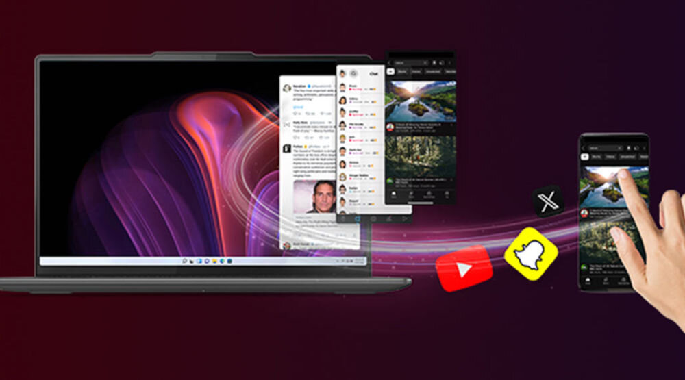 Obraz przedstawia laptop z wyświetlonym kolorowym wzorem na ekranie oraz kilka unoszących się okien aplikacji. Obok znajduje się smartfon z wyświetlonym interfejsem aplikacji, a w tle widoczne są ikony YouTube i Snapchat.