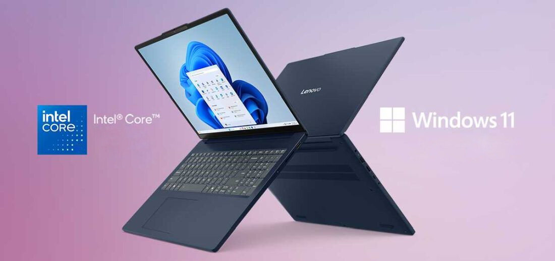 Obraz przedstawia otwarty laptop z widocznym ekranem i klawiaturą, na ekranie wyświetlany jest system Windows 11. Obok laptopa znajdują się logotypy \'Intel Core\' i \'Windows 11\'.
