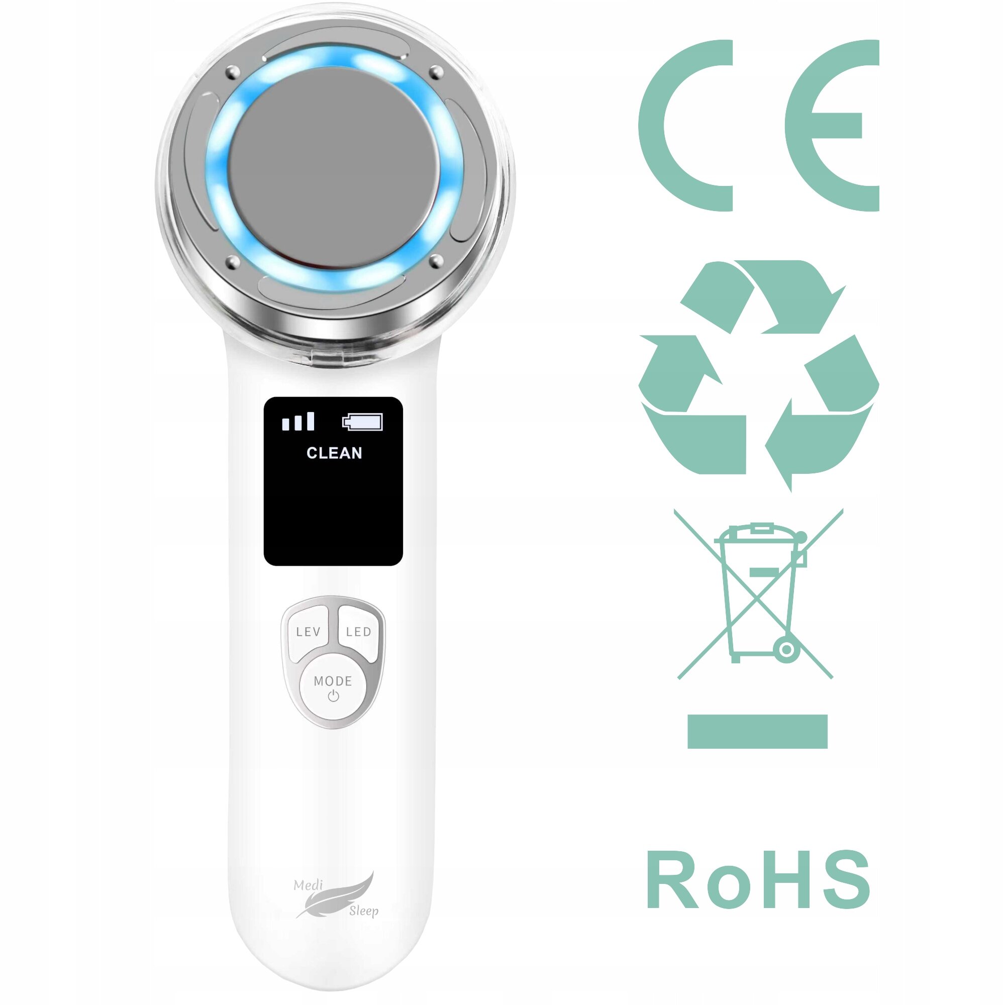 Urządzenie do mezoterapii z wyświetlaczem pokazującym napis \'CLEAN\' oraz przyciskami oznaczonymi jako \'LEV\', \'LED\' i \'MODE\'. Obok znajdują się symbole CE, recyklingu, przekreślonego kosza oraz napis \'RoHS\'.