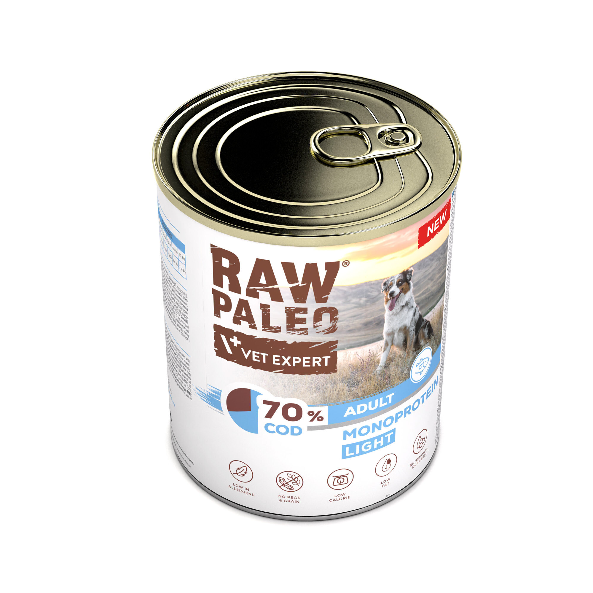 Puszka mokrej karmy dla psów z etykietą \'RAW PALEO VET EXPERT 70% COD ADULT MONOPROTEIN LIGHT\'. Na etykiecie widoczny jest obraz psa oraz ikony informujące o braku zbóż, niskiej kaloryczności i wysokiej zawartości białka.