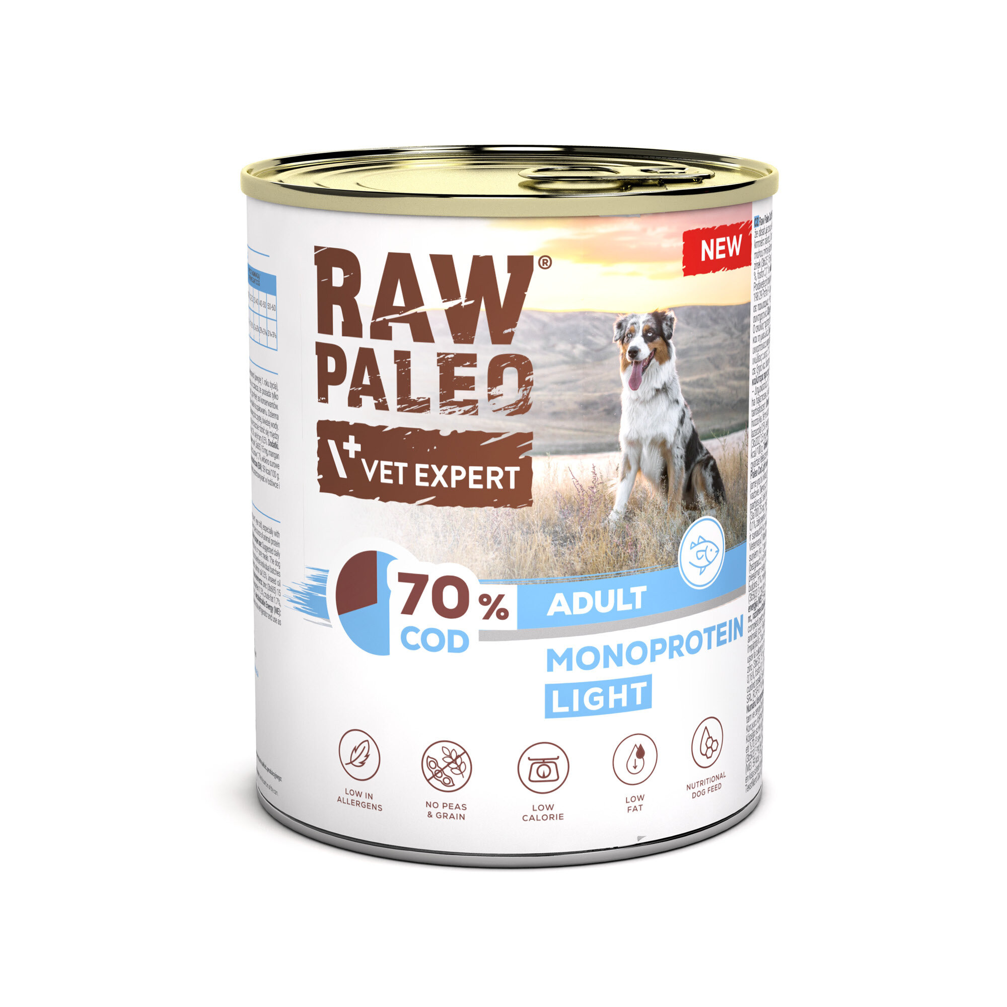 Puszka mokrej karmy dla psów z etykietą \'RAW PALEO VET EXPERT\' i zdjęciem psa na tle krajobrazu. Na etykiecie widnieje napis \'70% COD ADULT MONOPROTEIN LIGHT\' oraz ikony informujące o niskiej zawartości alergenów, braku grochu i zbóż, niskiej kaloryczności, niskiej zawartości tłuszczu i wsparciu dla zdrowia skóry.