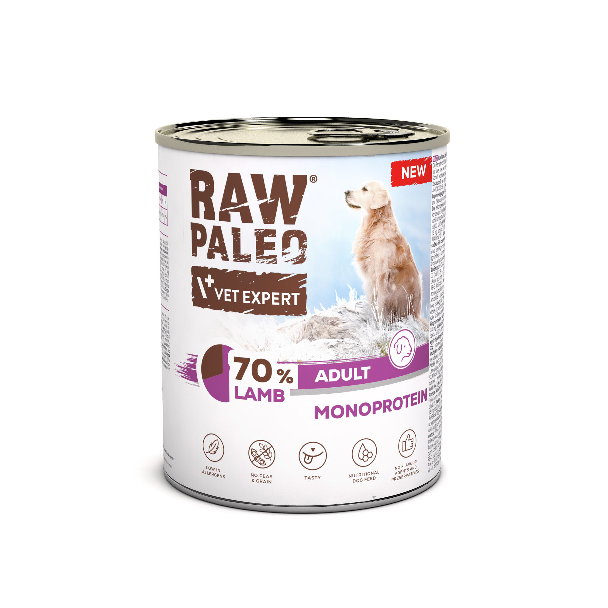 Puszka mokrej karmy dla psów z napisem \'RAW PALEO VET EXPERT 70% LAMB ADULT MONOPROTEIN\'. Na etykiecie widoczny jest obraz psa oraz ikony informujące o niskiej zawartości alergenów i braku zbóż.