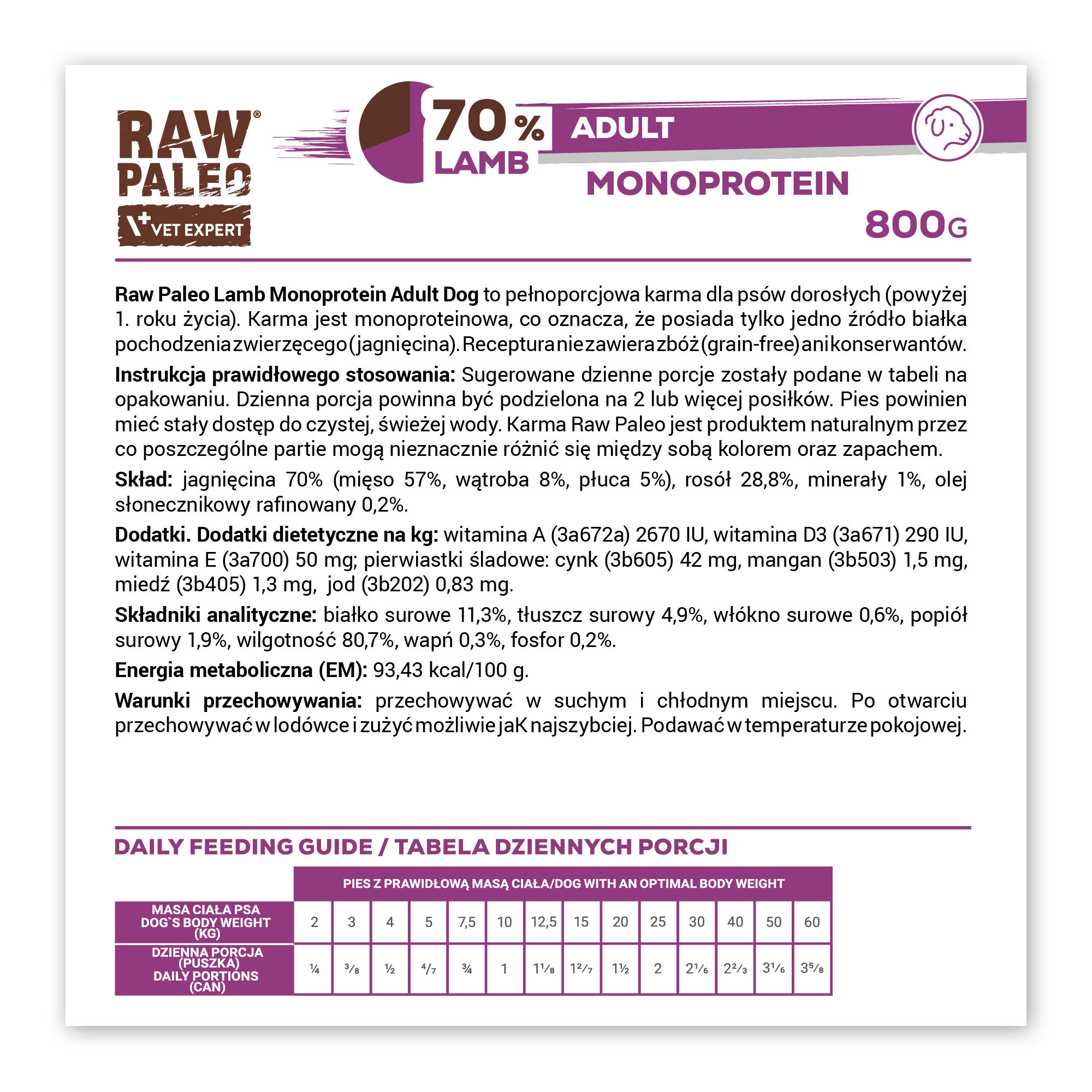Opakowanie produktu \'RAW PALEO ADULT DOG LAMB 800g\' z informacjami o składzie i instrukcjach stosowania. Widoczny tekst zawiera szczegóły dotyczące składu, dodatków dietetycznych oraz tabelę dziennych porcji.