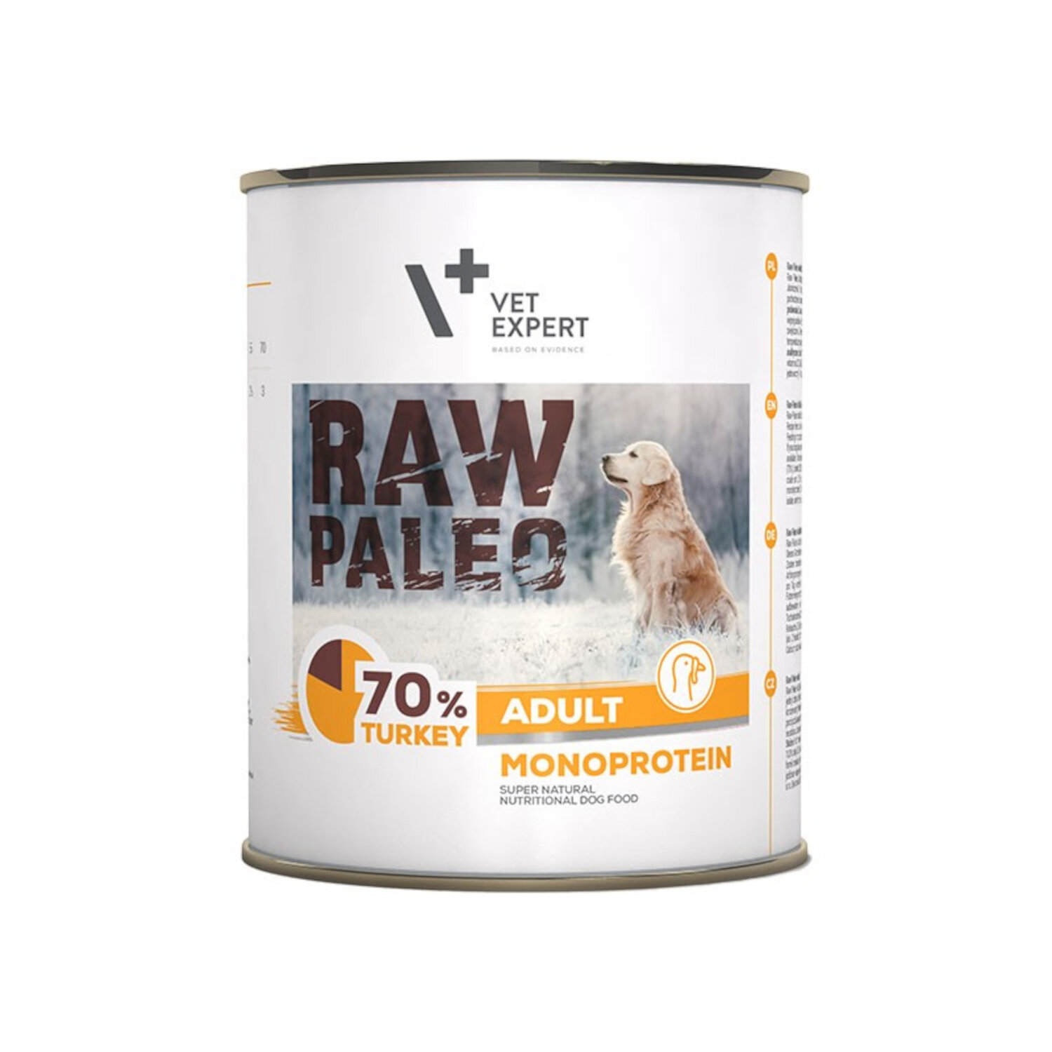 Puszka z karmą dla psów z etykietą \'RAW PALEO\' i zdjęciem psa na tle zimowego krajobrazu. Widoczny tekst: \'70% TURKEY ADULT MONOPROTEIN\'.