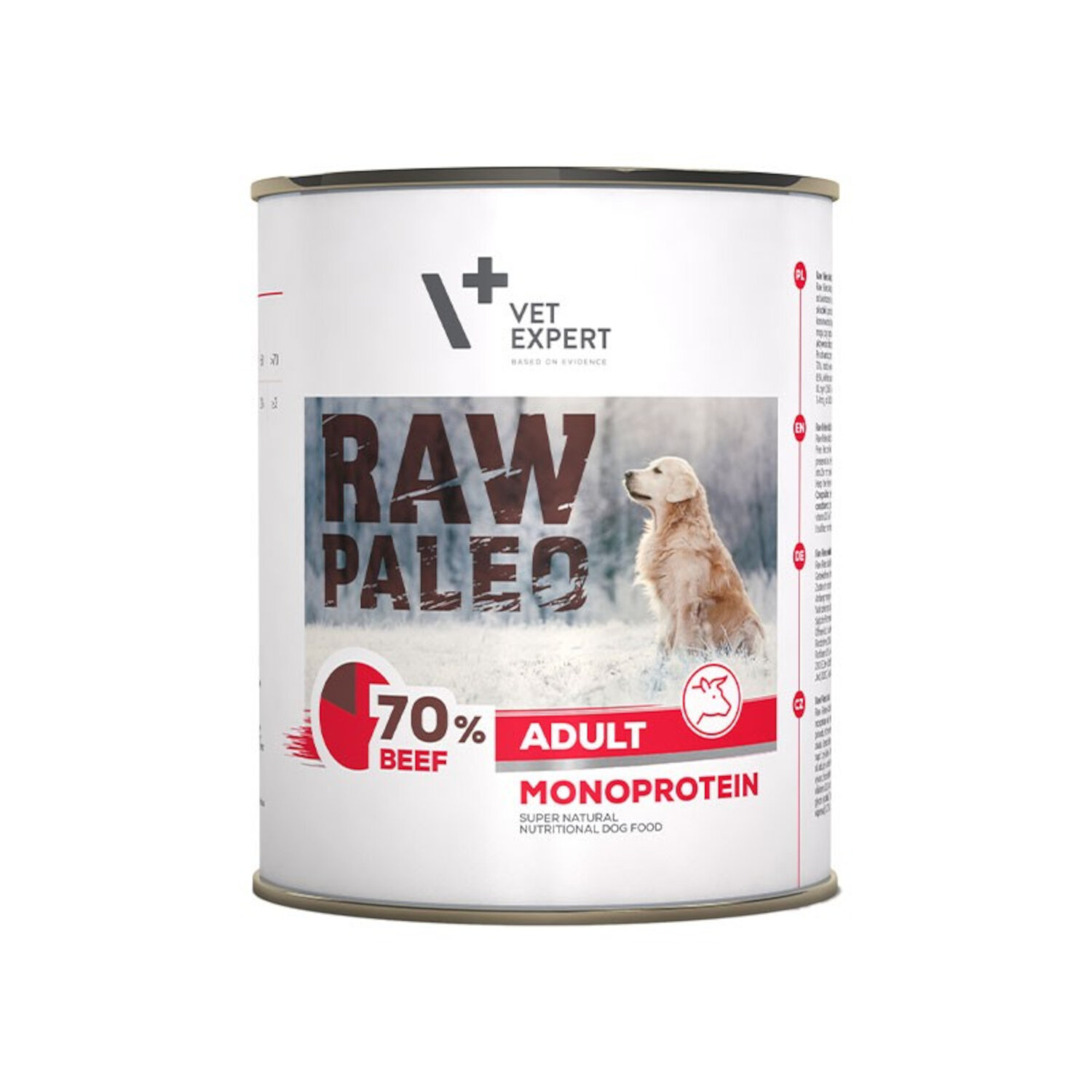 Puszka z karmą dla psów z etykietą \'RAW PALEO 70% BEEF ADULT MONOPROTEIN\'. Widoczne jest zdjęcie psa na tle zimowego krajobrazu oraz logo \'VET EXPERT\'.