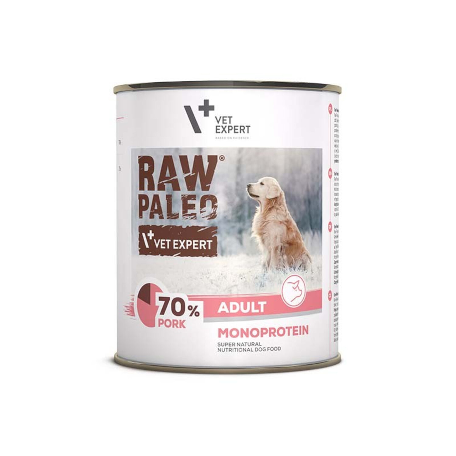 Puszka z karmą dla psów z etykietą \'RAW PALEO VET EXPERT\'. Widoczny jest pies na tle zimowego krajobrazu oraz napisy \'70% PORK\', \'ADULT\', \'MONOPROTEIN\'.