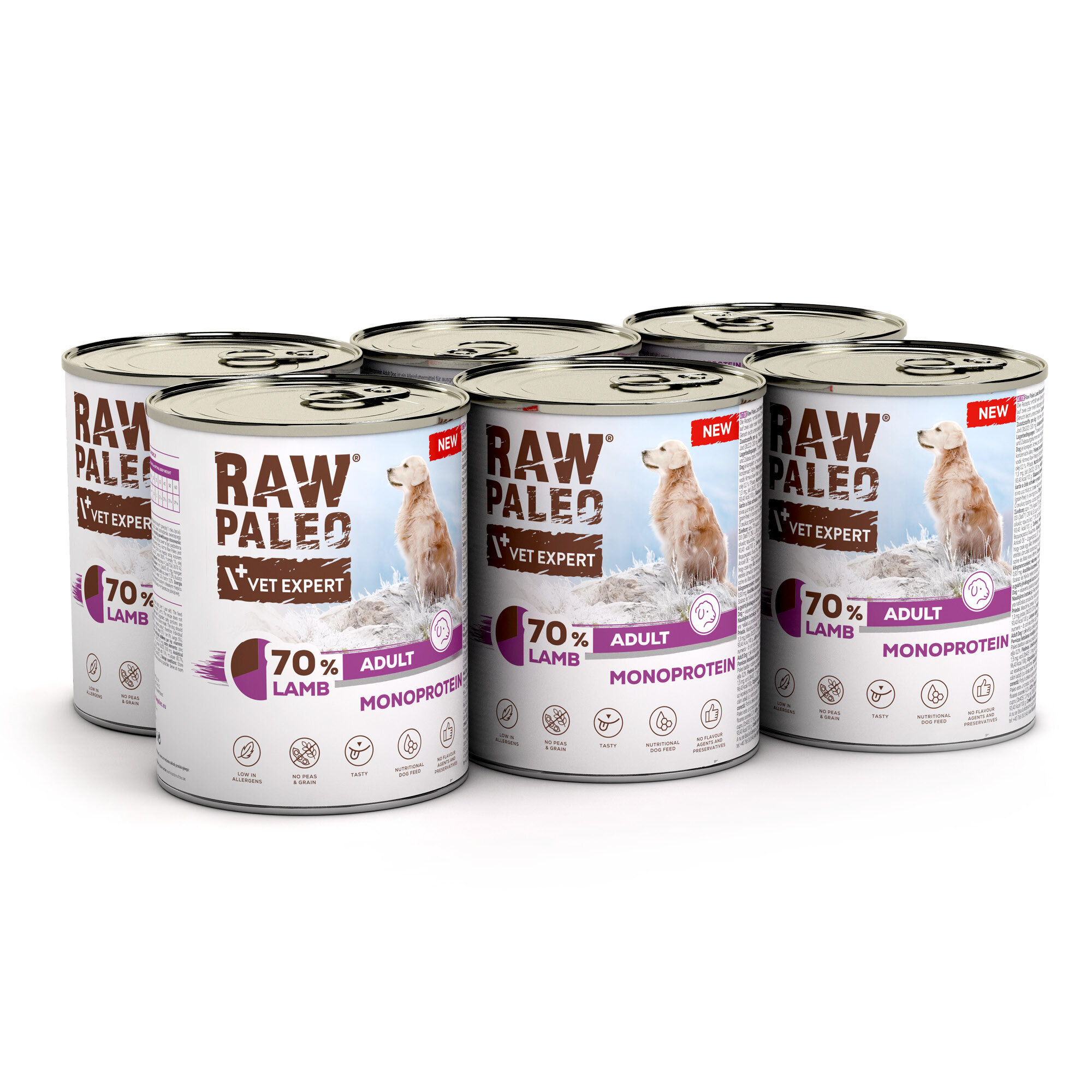 Na obrazie widoczne są sześć puszek mokrej karmy dla psów z napisem \'RAW PALEO VET EXPERT 70% LAMB ADULT MONOPROTEIN\'. Na etykiecie znajduje się również wizerunek psa oraz kilka ikon informacyjnych.