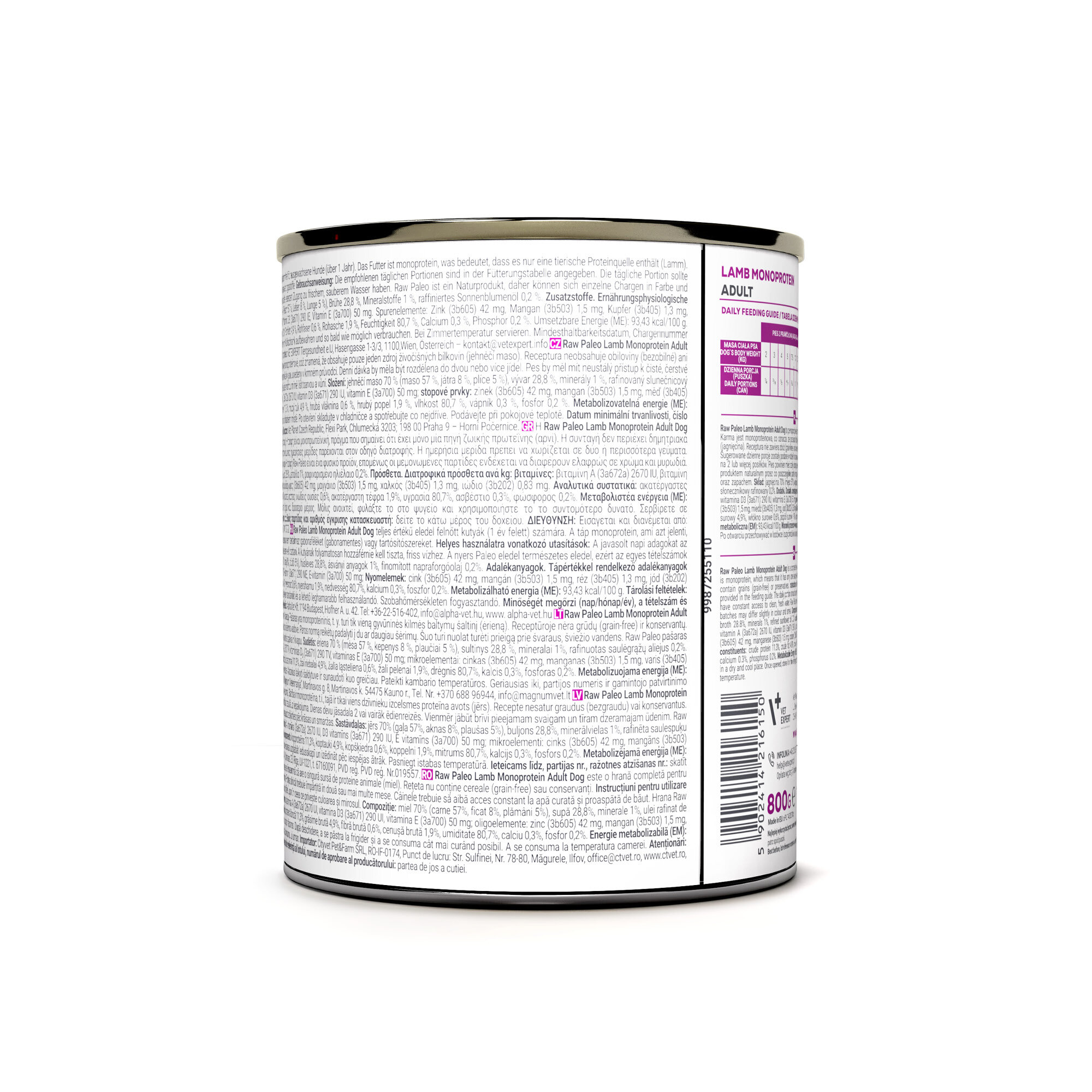 Puszka z mokrą karmą dla psów, na której widoczny jest tekst w kilku językach oraz tabela z informacjami o składzie. Na etykiecie znajduje się napis \'LAMB MONOPROTEIN ADULT\' oraz oznaczenie wagi 800g.