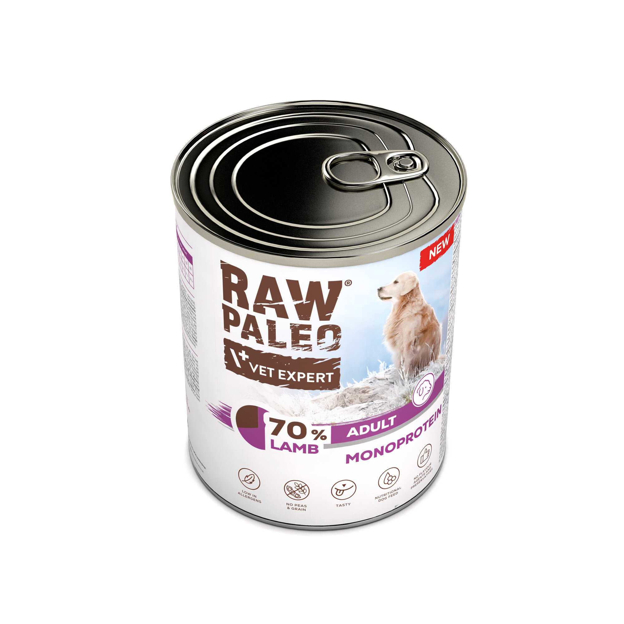 Puszka mokrej karmy dla psów z etykietą \'RAW PALEO VET EXPERT\', zawierająca 70% jagnięciny, przeznaczona dla dorosłych psów. Na etykiecie widoczny jest wizerunek psa oraz ikony wskazujące na brak zbóż i smakowitość produktu.
