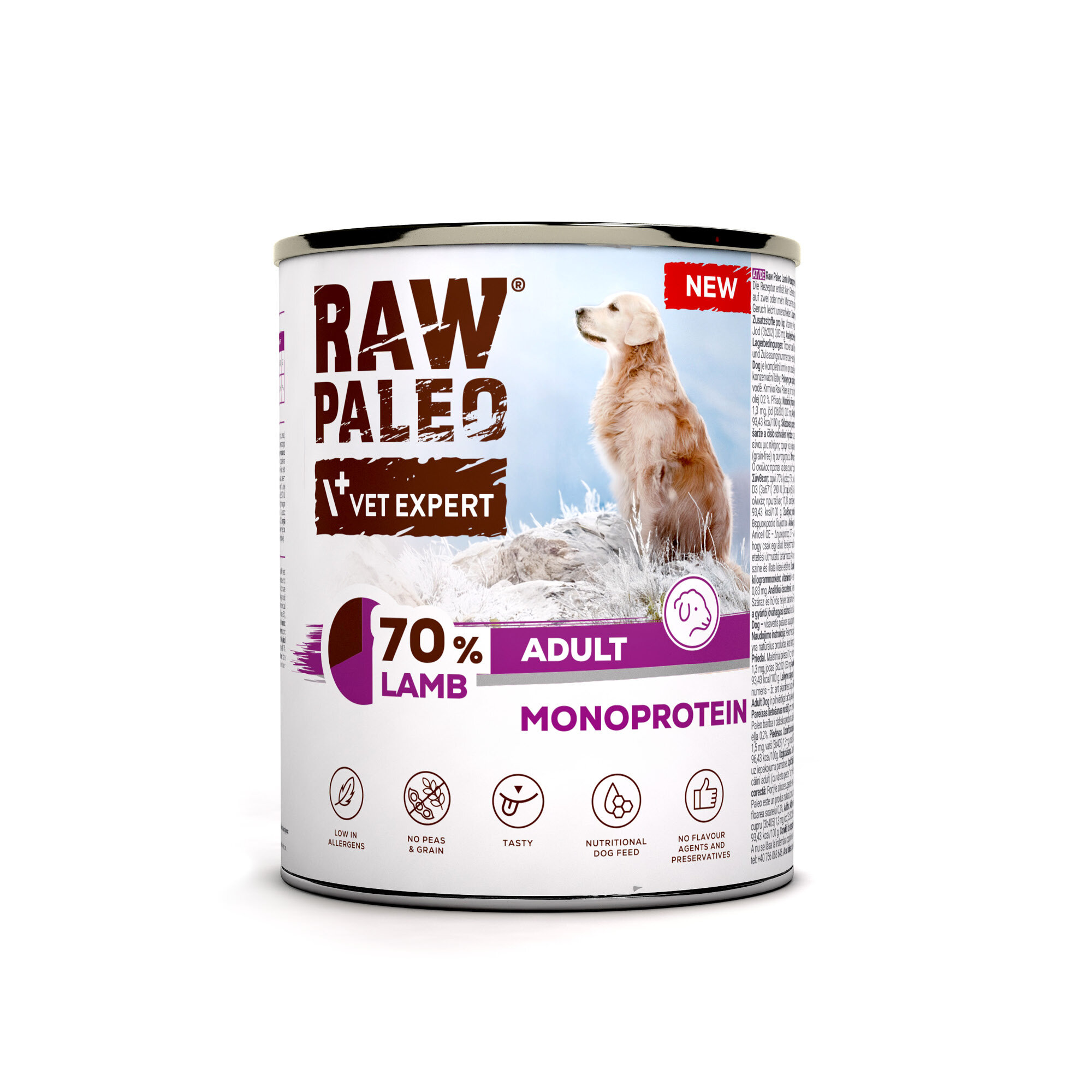 Puszka z karmą dla psów marki RAW PALEO z napisem \'70% LAMB ADULT MONOPROTEIN\'. Na etykiecie widoczny jest pies siedzący na trawie oraz ikony informujące o cechach produktu.