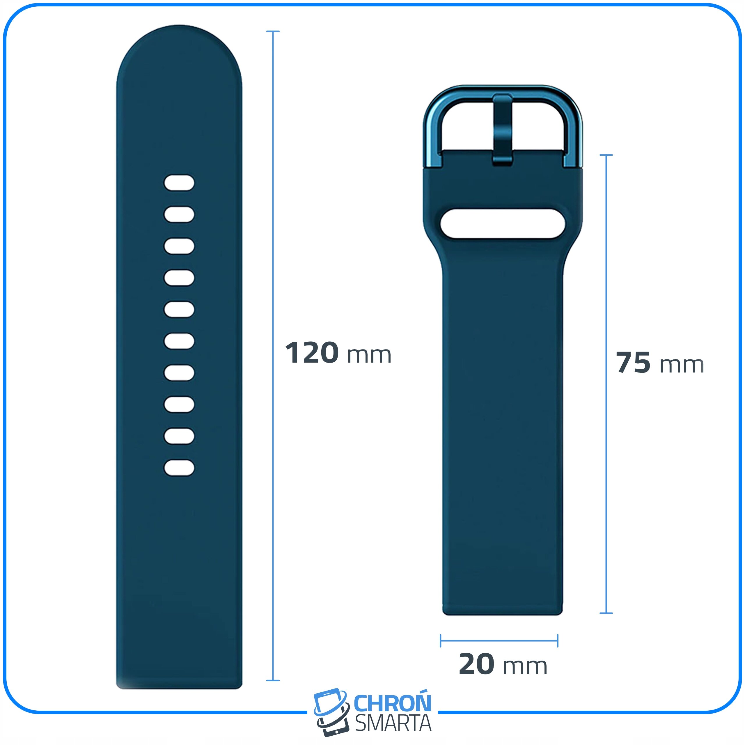 Obraz przedstawia dwa niebieskie paski do smartwatcha z wymiarami: 120 mm i 75 mm długości oraz 22 mm szerokości. Na dole widoczne jest logo \'CHROŃ SMARTA\'.