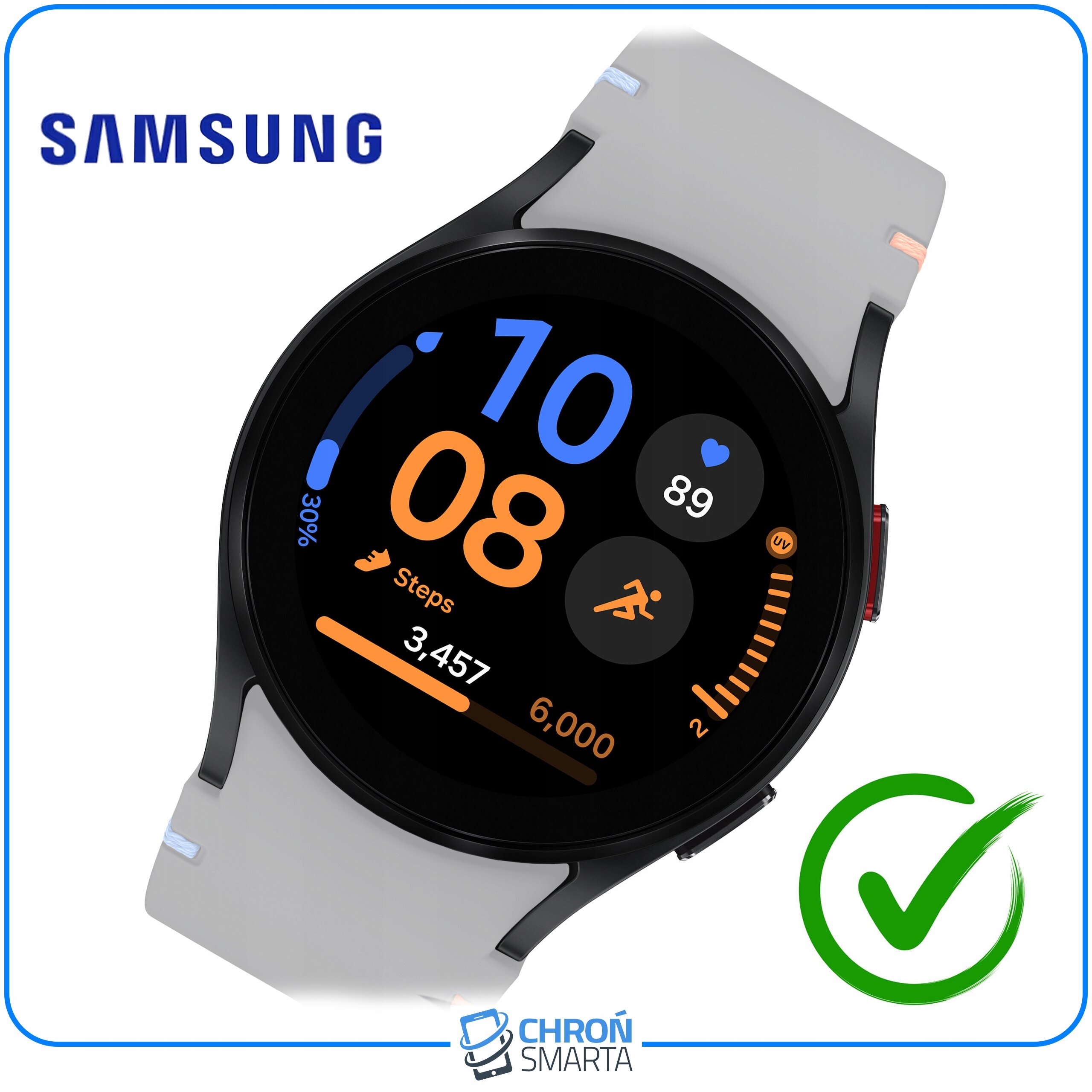 Na obrazie widoczny jest smartwatch z okrągłym wyświetlaczem, na którym pokazane są dane dotyczące kroków i tętna. W górnym rogu znajduje się logo \'SAMSUNG\', a na dole logo \'CHROŃ SMARTA\' oraz zielony znak wyboru.