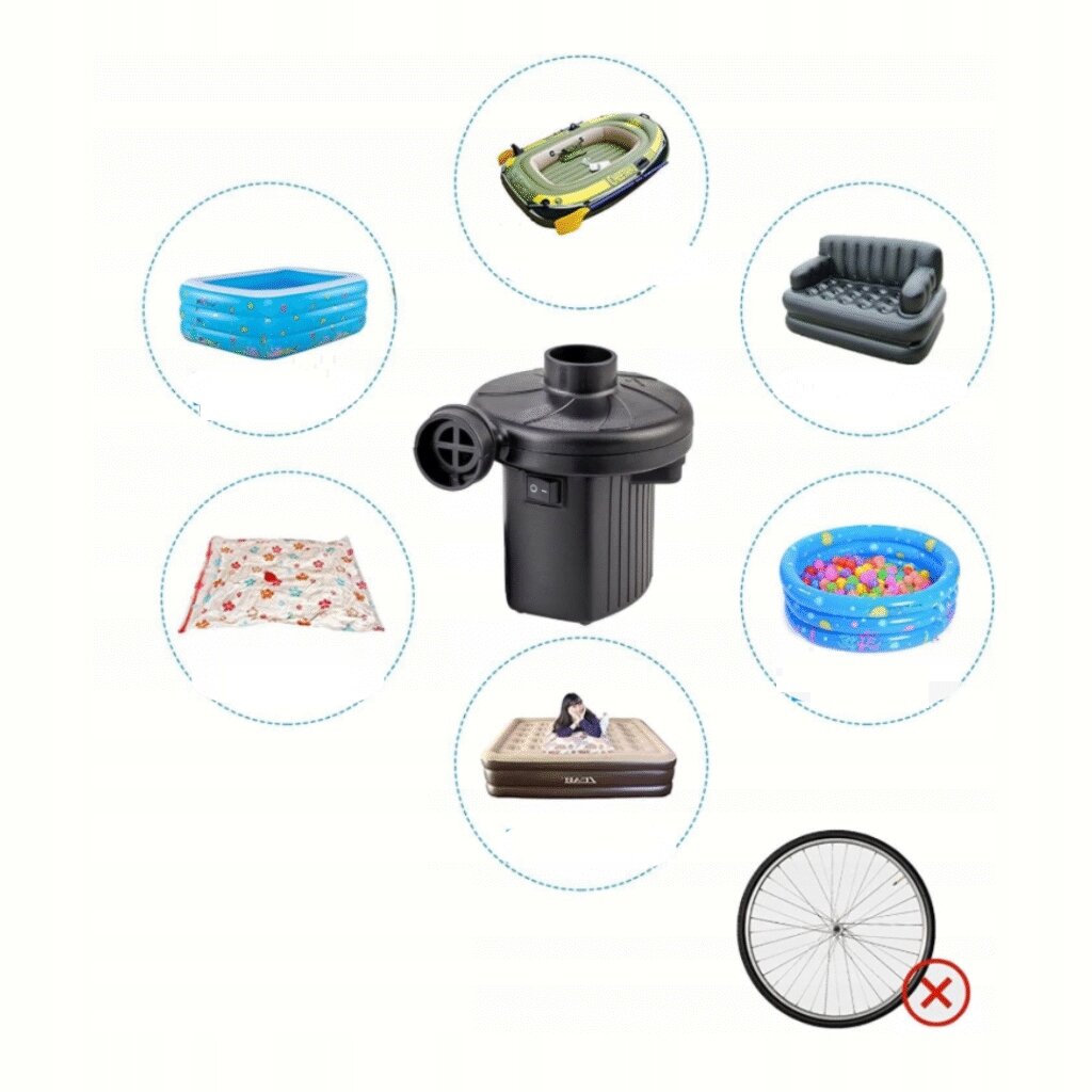 Na obrazie znajduje się czarna elektryczna pompka do materacy ADM, otoczona ilustracjami różnych produktów, takich jak ponton, basen, materac, sofa dmuchana, mata piknikowa i basen z piłkami. W prawym dolnym rogu widoczna jest przekreślona ilustracja koła rowerowego.