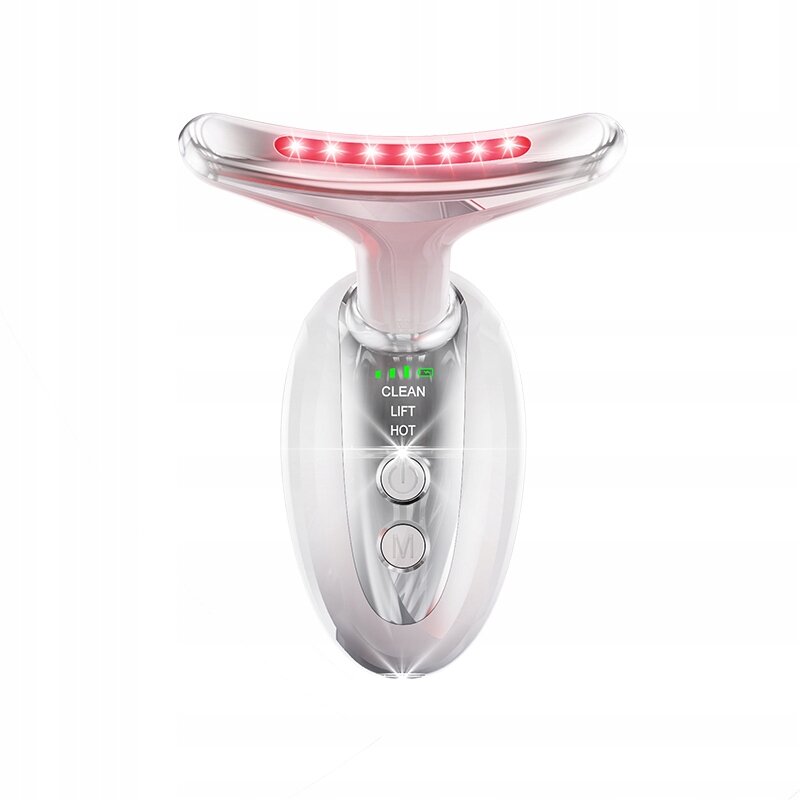 Na obrazie widoczny jest masażer liftingujący do twarzy i szyi z czerwonymi diodami LED. Na urządzeniu znajdują się napisy: \'CLEAN\', \'LIFT\', \'HOT\' oraz przyciski z symbolami zasilania i litery \'M\'.