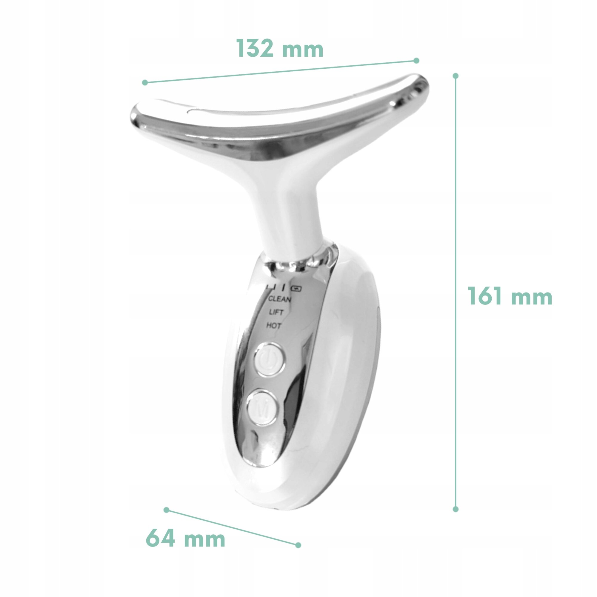 Na obrazie widoczny jest masażer liftingujący do twarzy i szyi z trzema przyciskami oznaczonymi jako CLEAN, LIFT i HOT. Wymiary urządzenia to 132 mm szerokości, 161 mm wysokości i 64 mm głębokości.