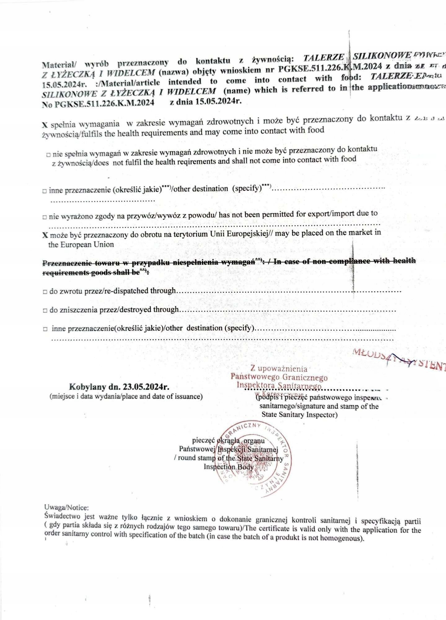 Dokument dotyczący wyrobu przeznaczonego do kontaktu z żywnością, zatytułowany \'TALERZE SILIKONOWE Z ŁYŻECZKĄ I WIDELCEM\', spełniający wymagania zdrowotne. Zawiera pieczęć i podpis Państwowego Granicznego Inspektora Sanitarnego oraz datę wydania: Kobyłany dn. 23.05.2024r.