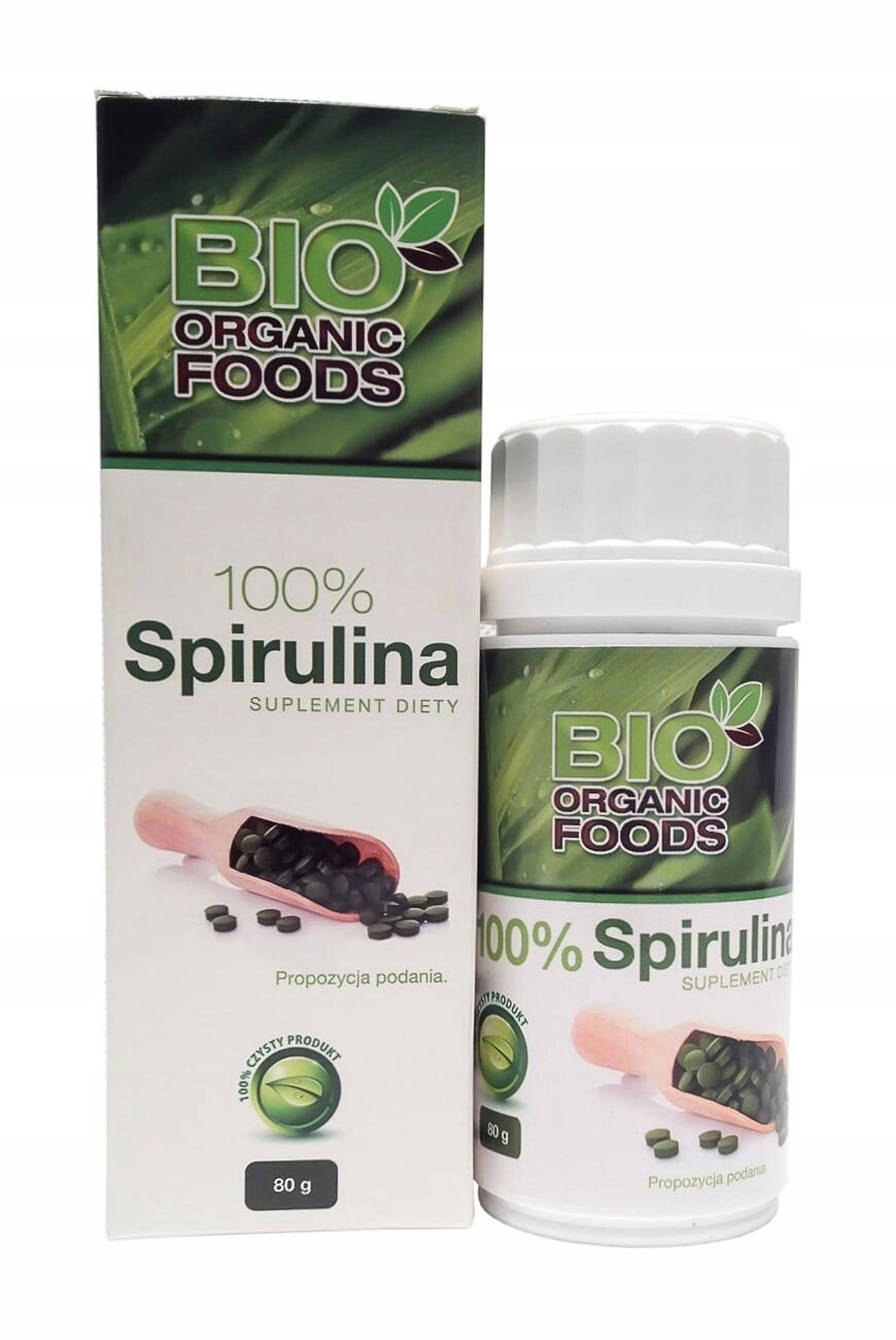 Opakowanie i pojemnik produktu \'Bio Organic Foods 100% Spirulina\' o wadze 80 g. Na opakowaniu widoczne są zielone liście i logo \'BIO ORGANIC FOODS\'.