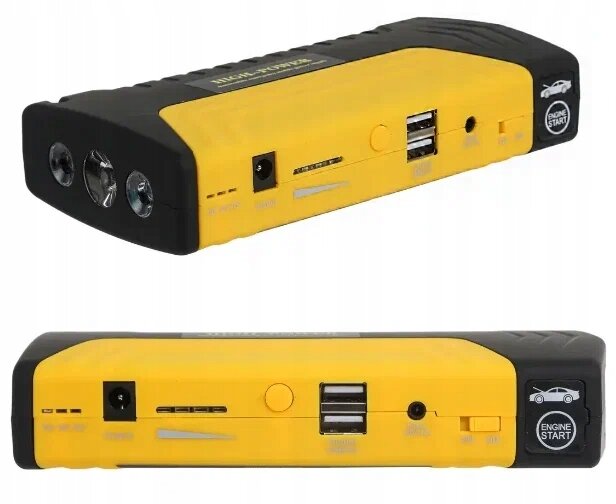 Na obrazie widoczny jest żółto-czarny powerbank z funkcją rozruchu samochodu, posiadający dwa porty USB, gniazdo zasilania oraz przycisk z napisem \'ENGINE START\'.
