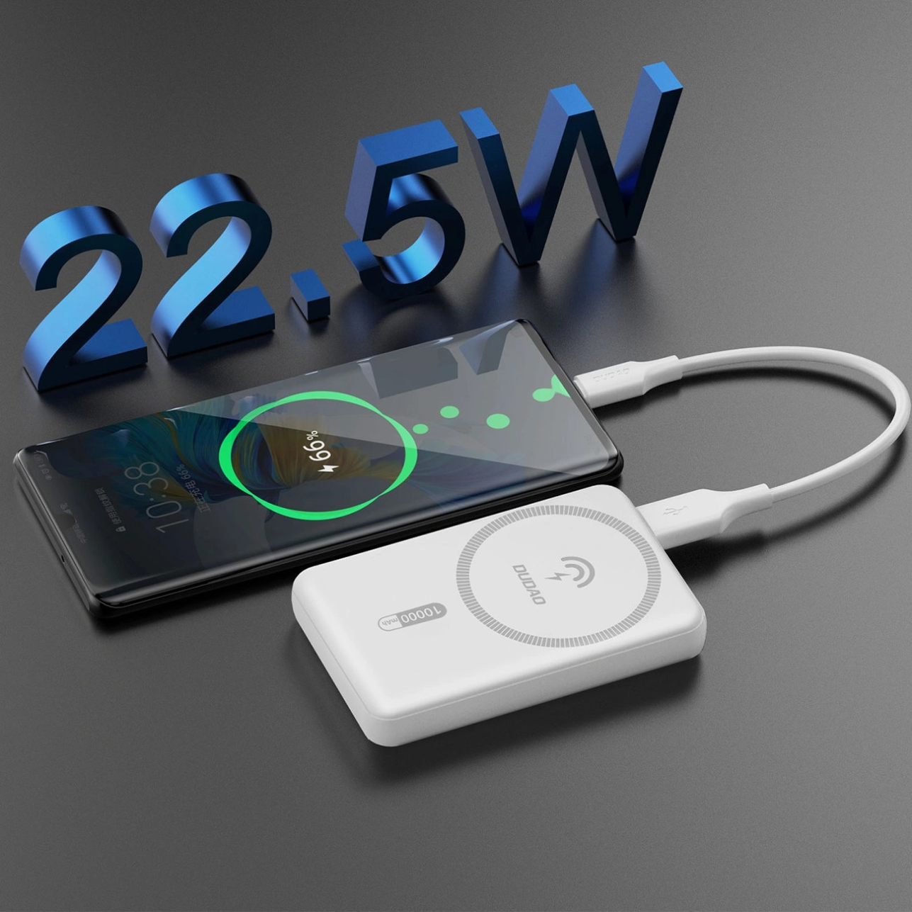 Na obrazie znajduje się biały powerbank z logo \'DUDAO\', podłączony do smartfona za pomocą kabla. Nad urządzeniami widoczny jest napis \'22.5W\', a na ekranie telefonu wyświetla się poziom naładowania \'96%\'.