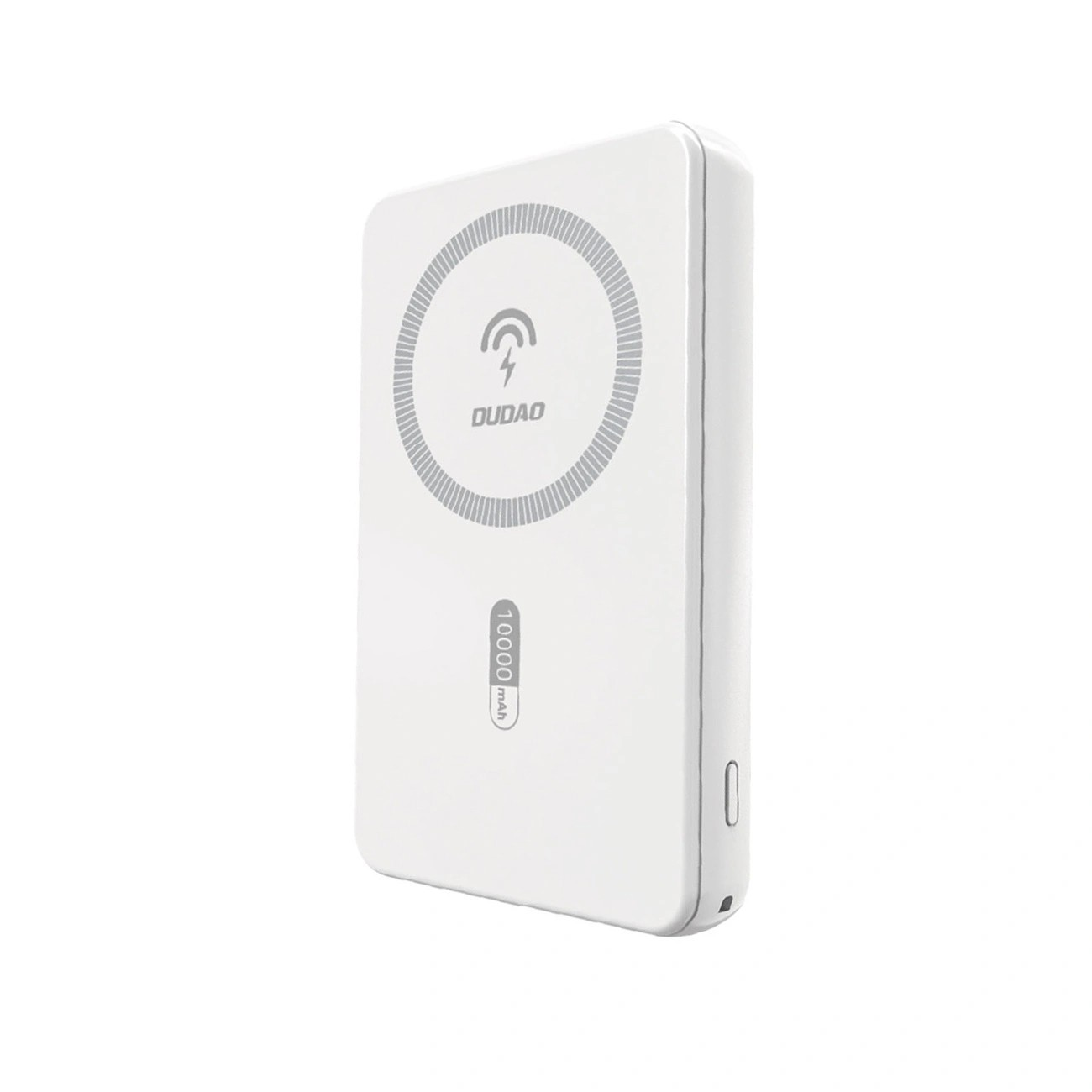 Biały powerbank z logo \'DUDAO\' i oznaczeniem \'10000 mAh\' na powierzchni. Posiada port USB-C na boku.