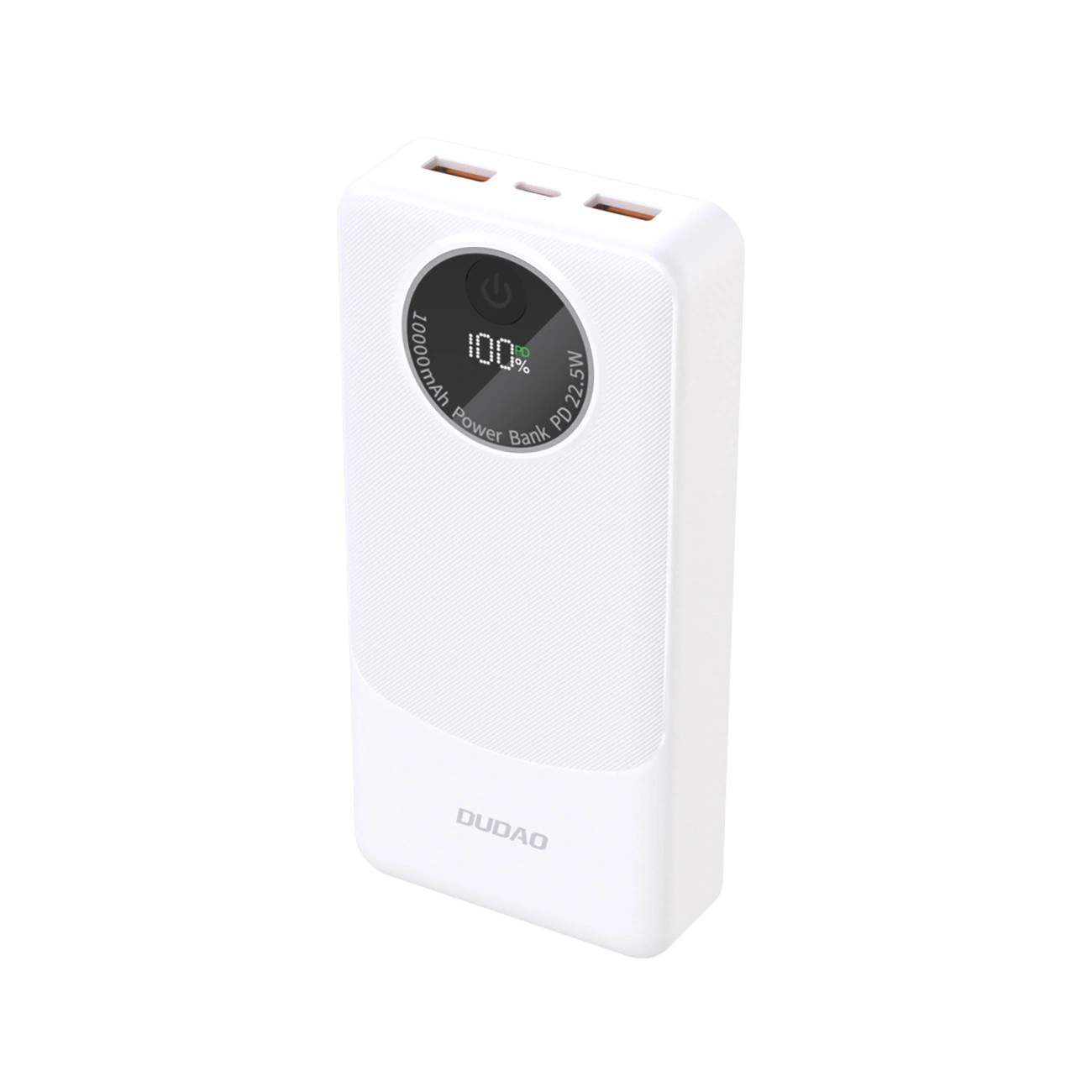 Biały powerbank z dwoma portami USB na górze i okrągłym wyświetlaczem pokazującym \'100%\' oraz napis \'10000mAh Power Bank PD 22.5W\'. Na dole widoczny jest napis \'DUDAO\'.