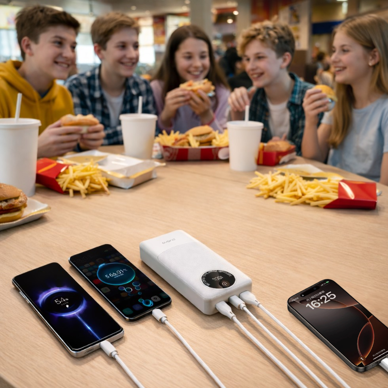 Na stole znajduje się biały powerbank z logo \'Dudao\', do którego podłączone są trzy smartfony. W tle widać grupę młodych osób jedzących fast food.