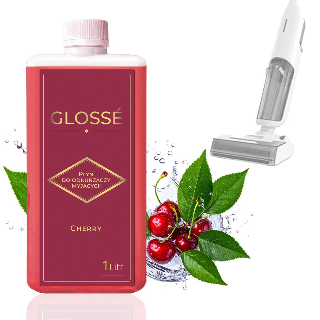 Na obrazie widoczna jest butelka z czerwonym płynem oznaczona etykietą \'GLOSSÉ Płyn do Odkurzaczy Myjących Cherry 1 Litr\'. Obok znajdują się liście z wiśniami oraz ilustracja odkurzacza.