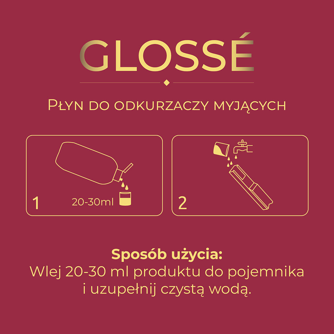 Grafika przedstawia instrukcję użycia płynu do odkurzaczy myjących marki GLOSSÉ. Tekst: \'Sposób użycia: Wlej 20-30 ml produktu do pojemnika i uzupełnij czystą wodą.\'
